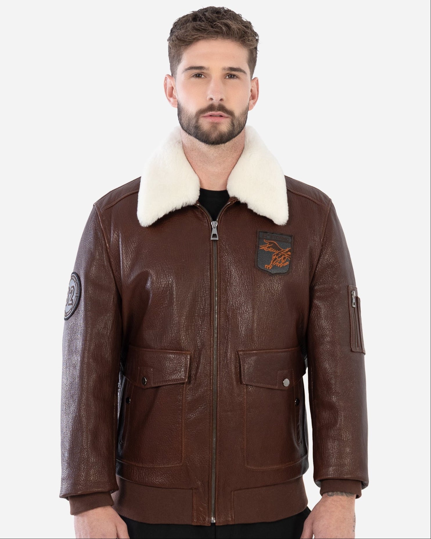 SANDRO BOMBER JACKET IN GRAINED LEATHER AND SHEARLING