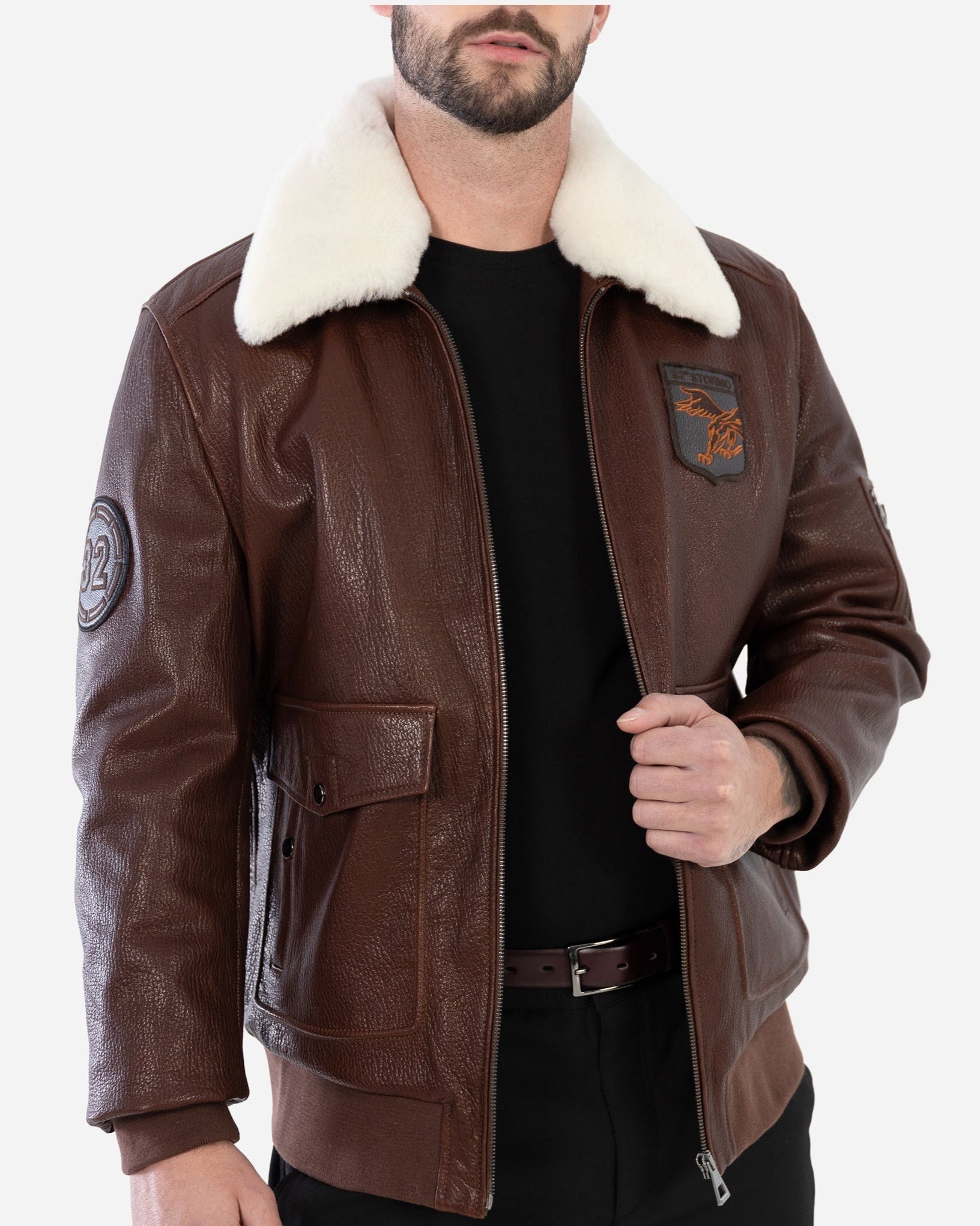 SANDRO BOMBER JACKET IN GRAINED LEATHER AND SHEARLING-thumbmail-2