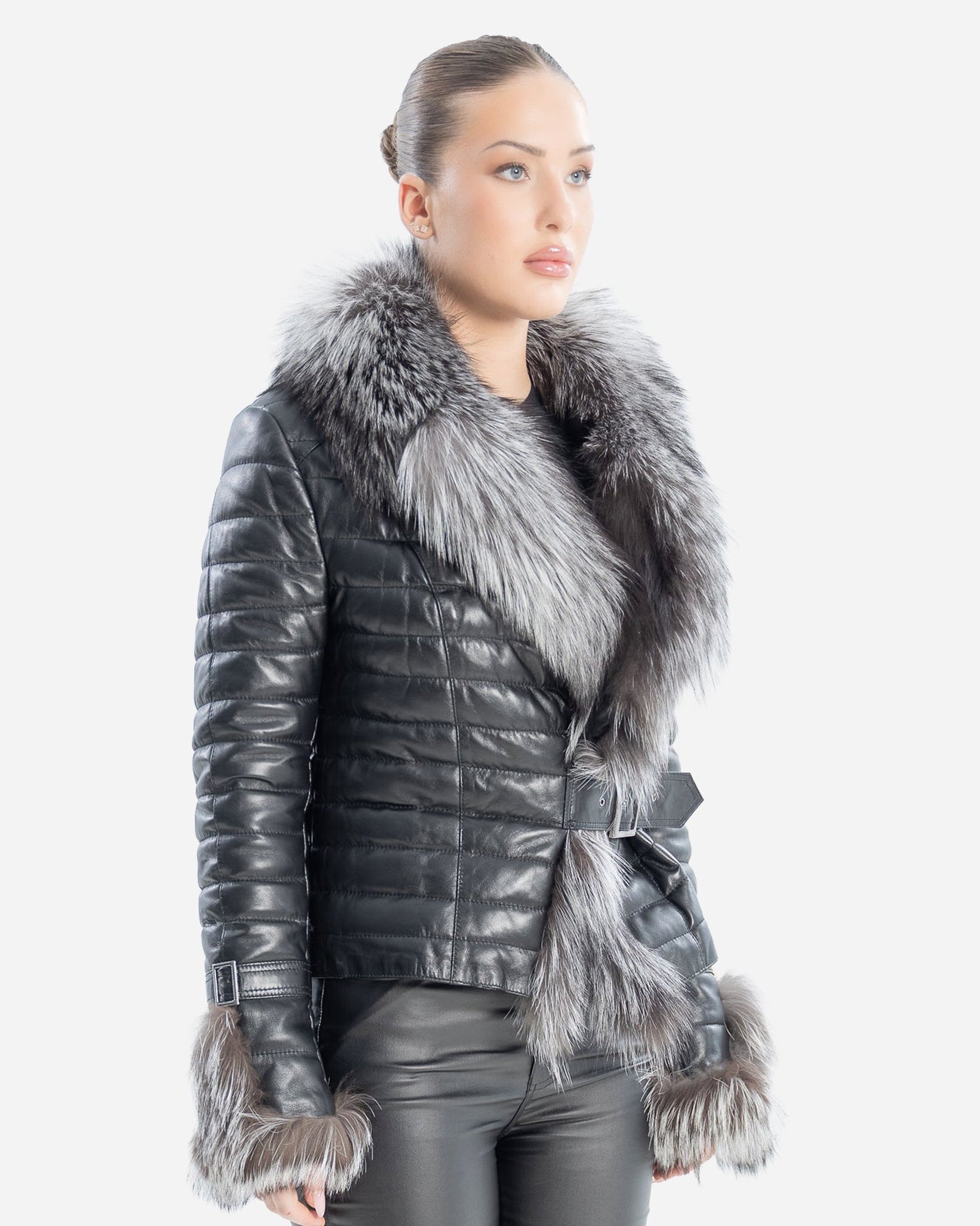 Gianna Women's Leather Coat with Silver Fox Fur-thumbmail-2