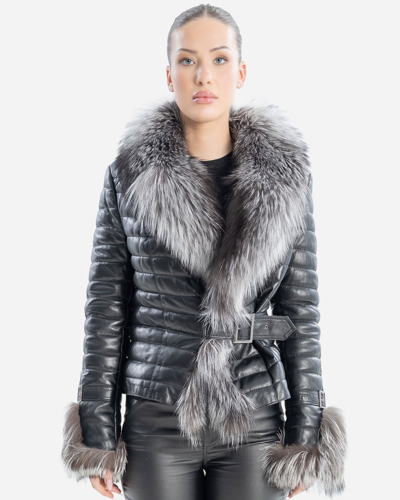 Gianna Women's Leather Coat with Silver Fox Fur-thumbmail-4