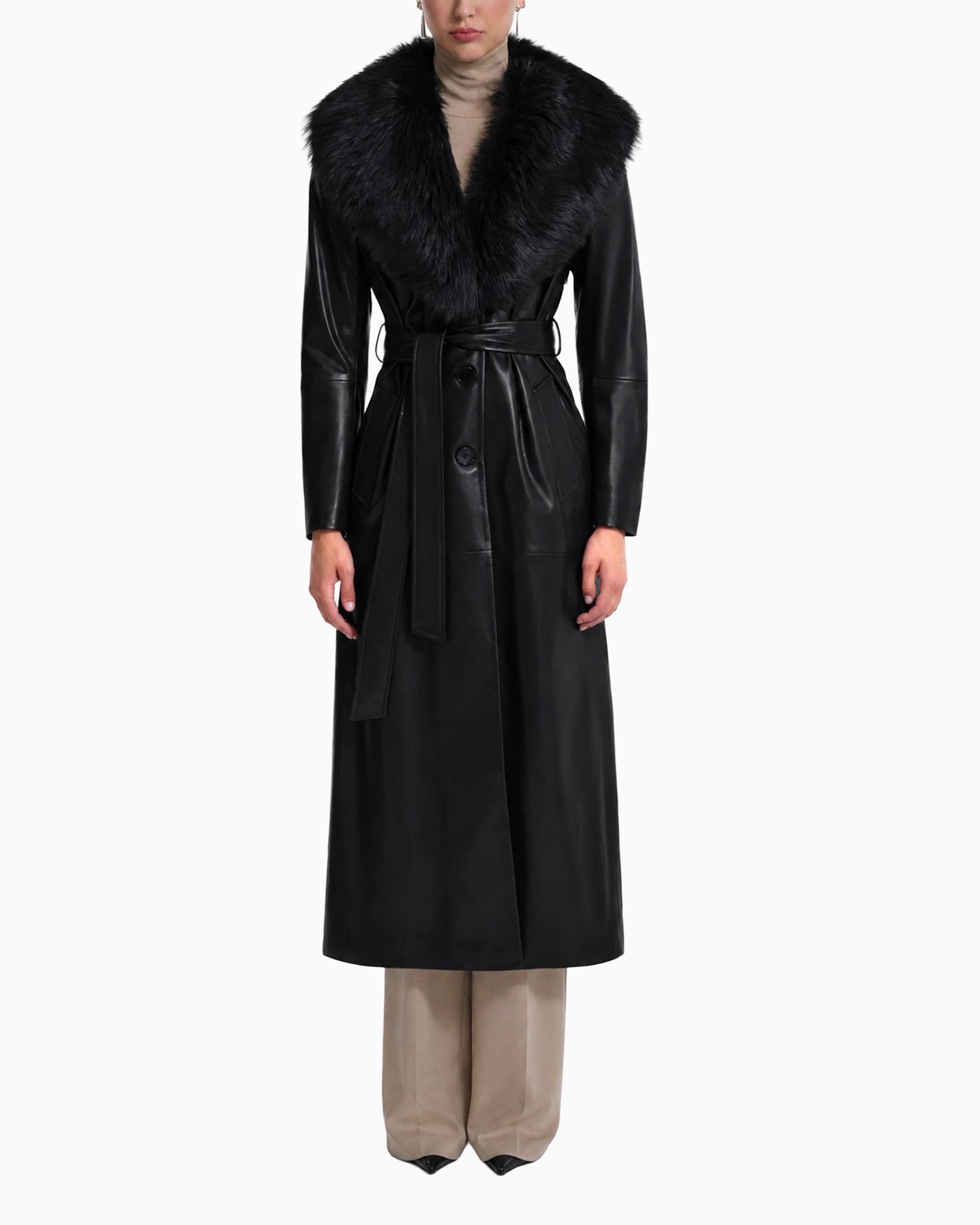 Drey Leather Trench Coat with Removable Fox Collar-thumbmail-4