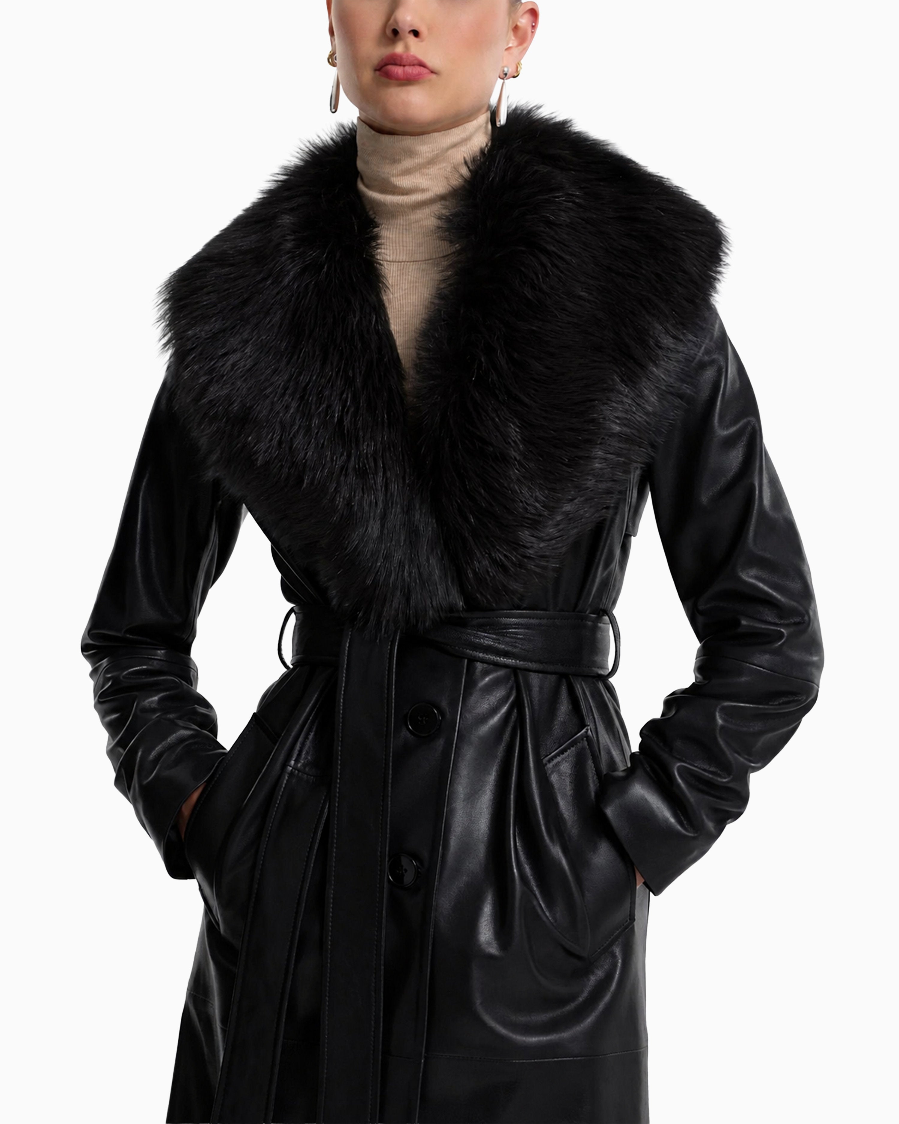 Drey Leather Trench Coat with Removable Fox Collar-thumbmail-2