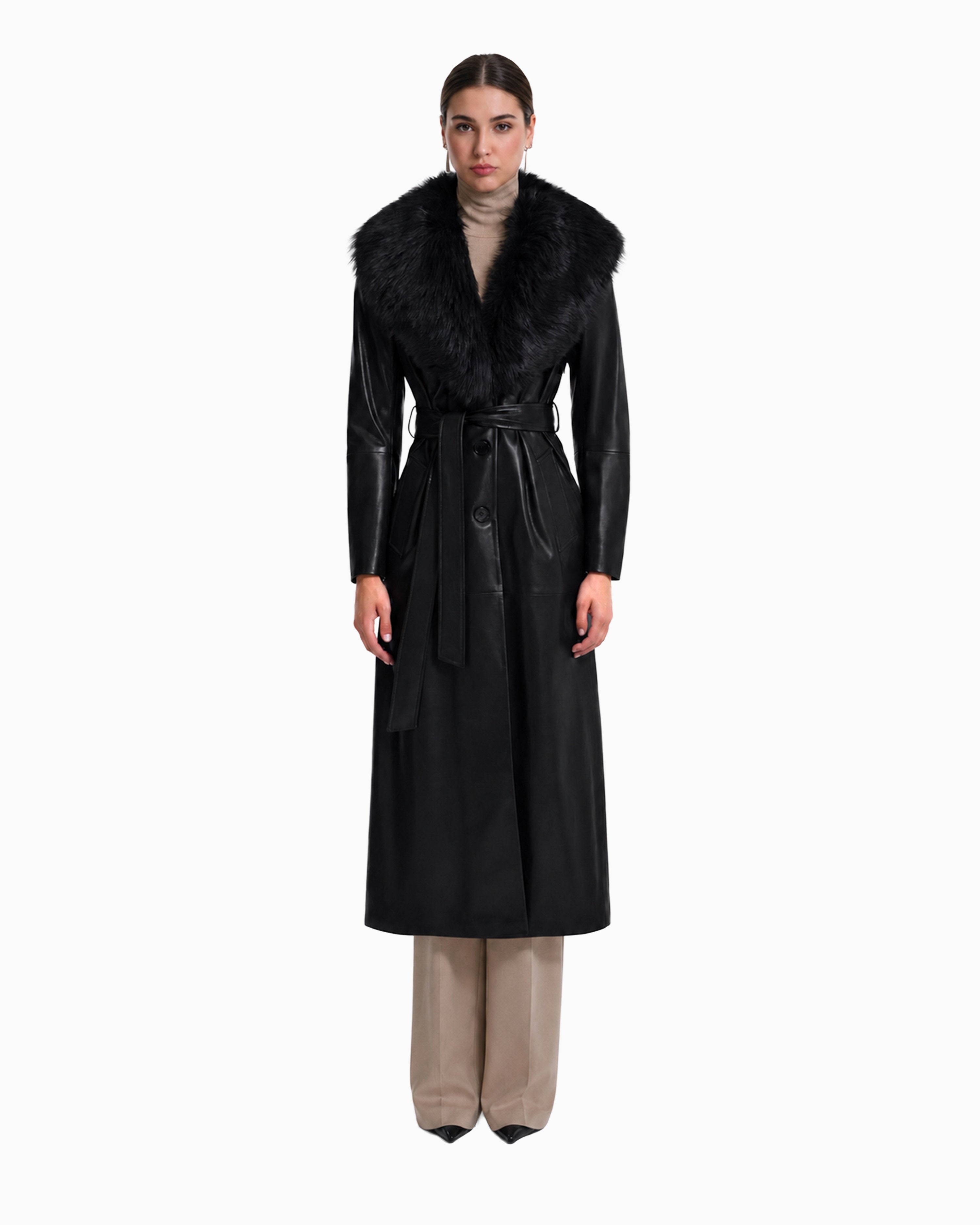 Drey Leather Trench Coat with Removable Fox Collar-thumbmail-1