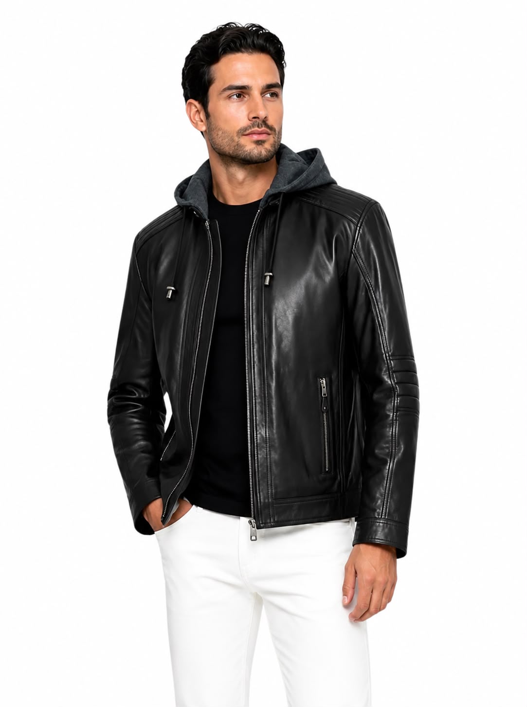 Andrew biker Leather Jacket with Removable Hood