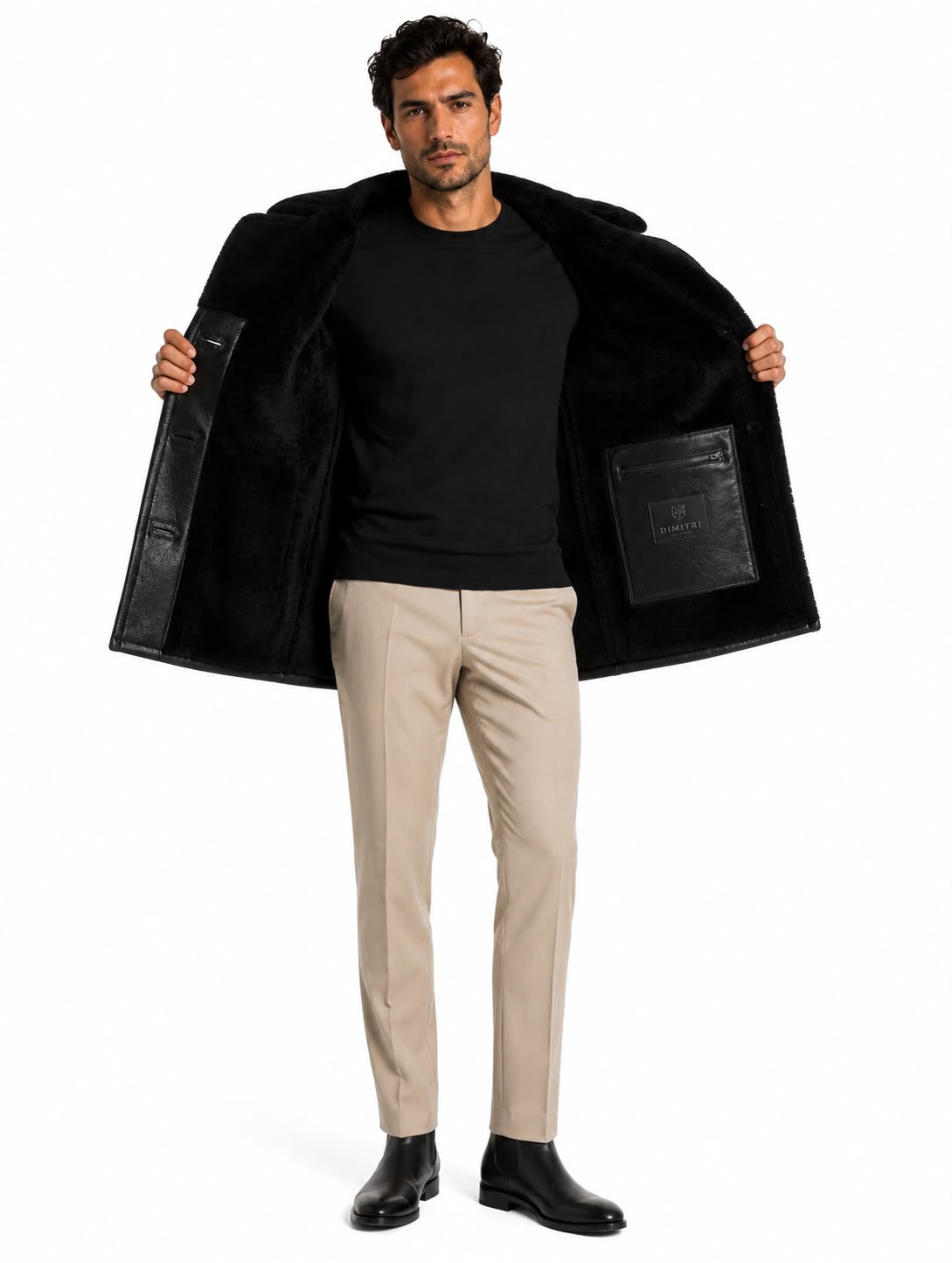 Quincy Men's Genuine Shearling Double-Breasted Coat – Black-thumbmail-5