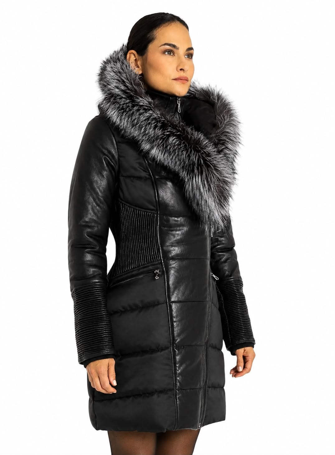 Kylie Leather & Silver Fox Fur Winter Coat-thumbmail-1