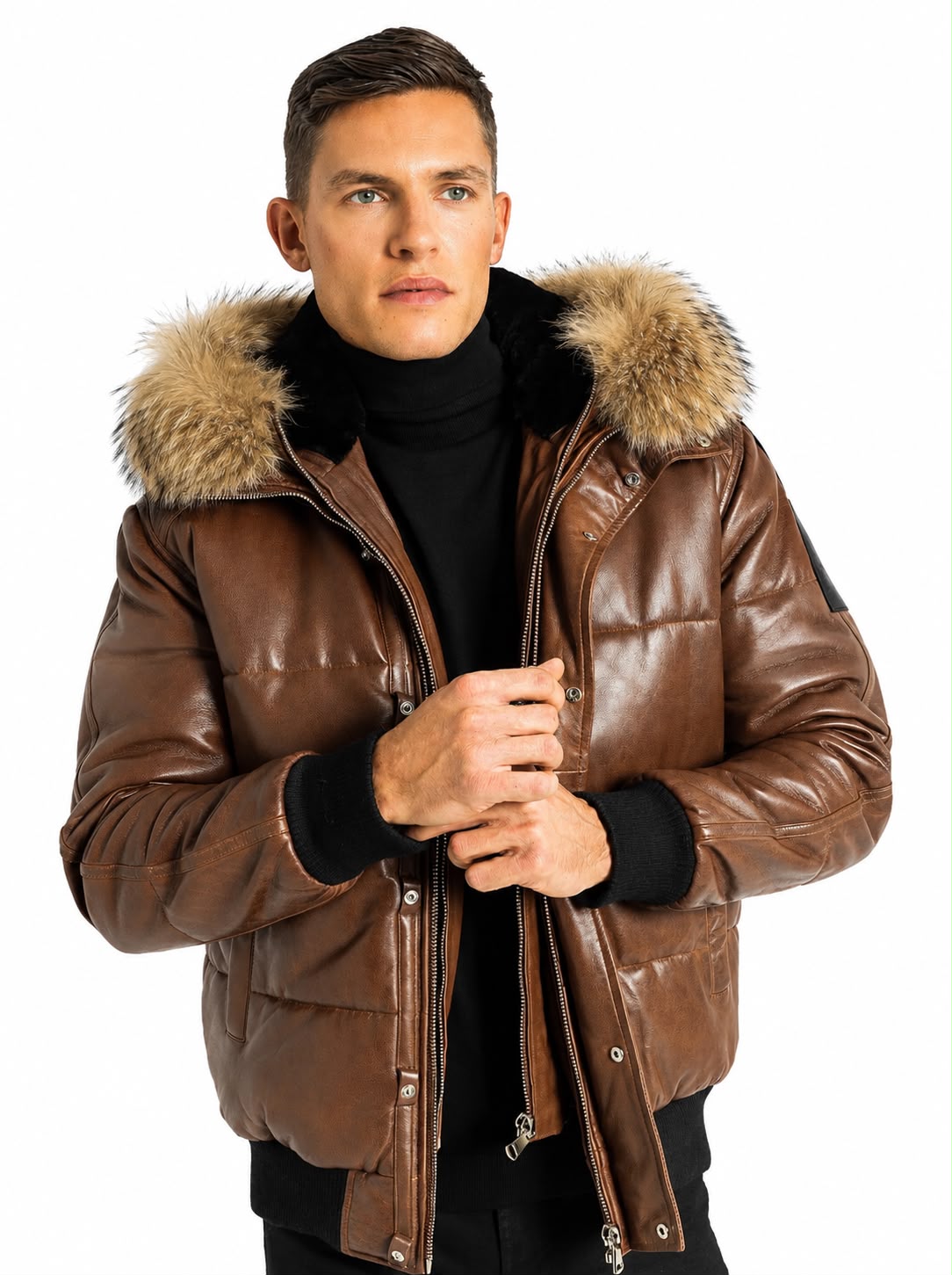 Lorenzo Genuine Leather Winter Puffer Jacket with Removable Hood & Natural Fur Trim-thumbmail-3