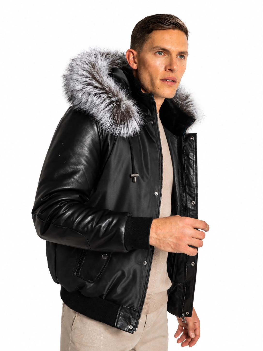 Victor Men's Winter Jacket Leather Sleeves With Silver Fox-thumbmail-2