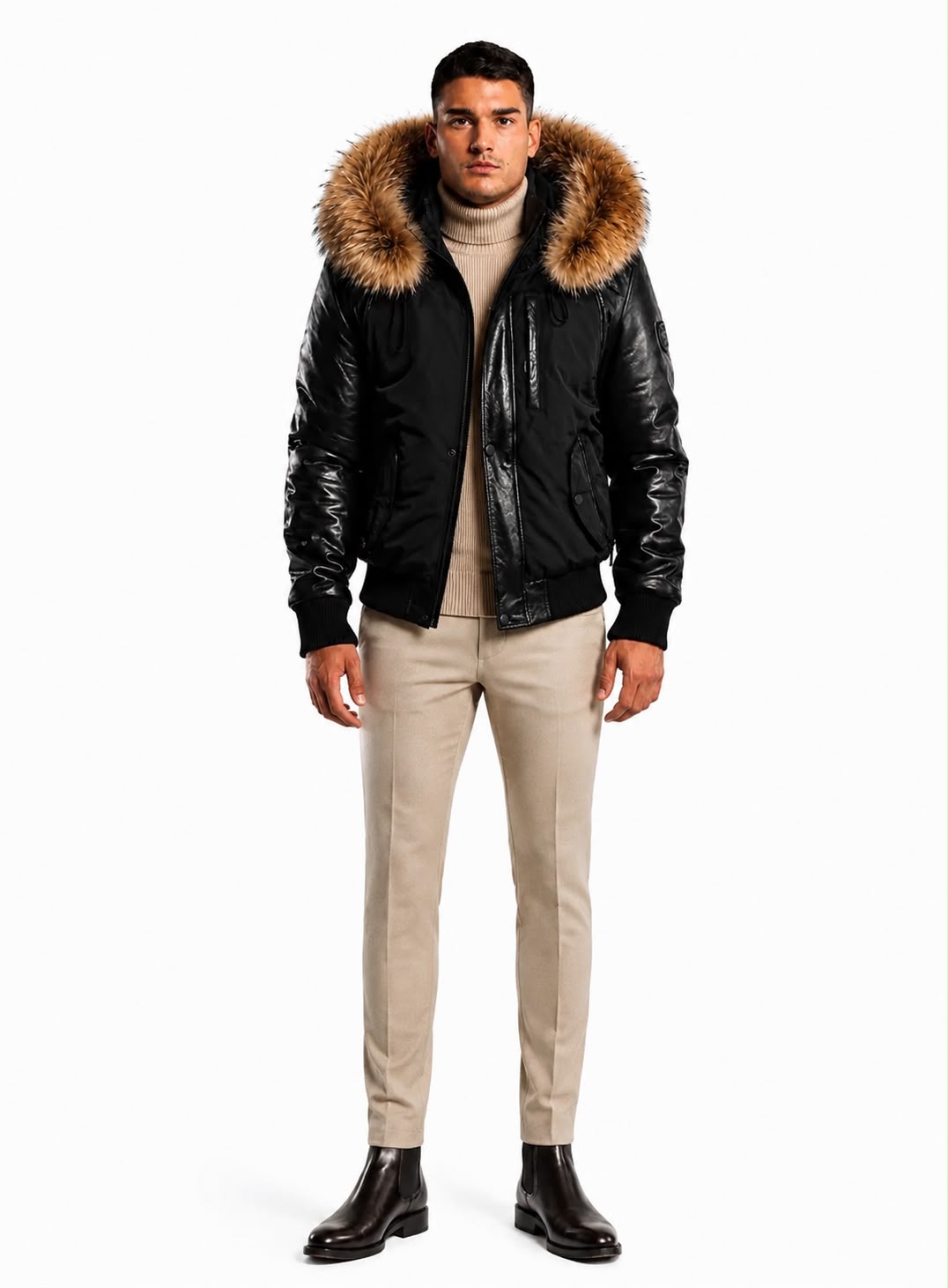 Victor Men's Winter Jacket Leather Sleeves With Natural Fur-thumbmail-4