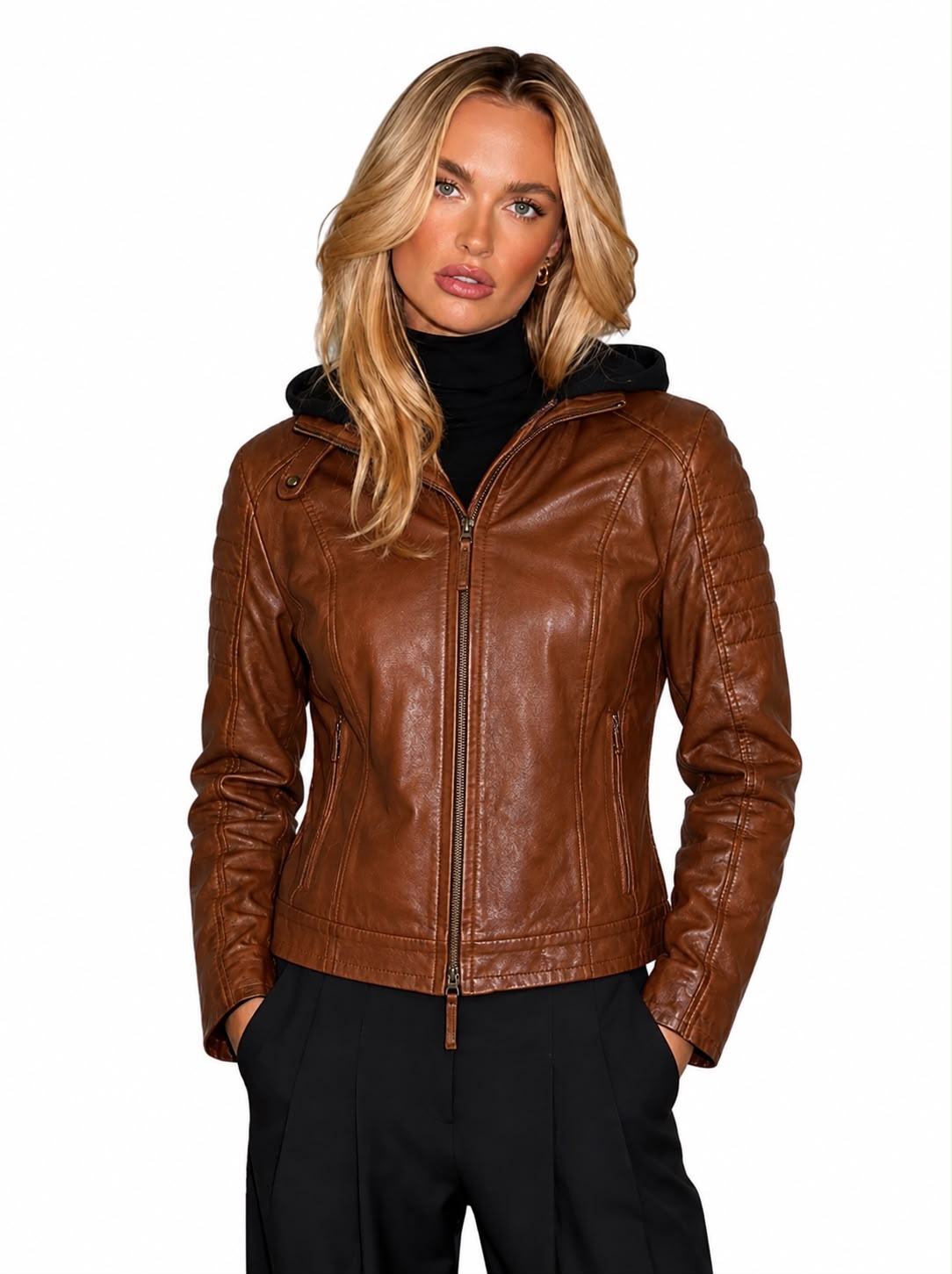 REBECCA BIKER Leather Jacket with Removable Hoodie-thumbmail-5