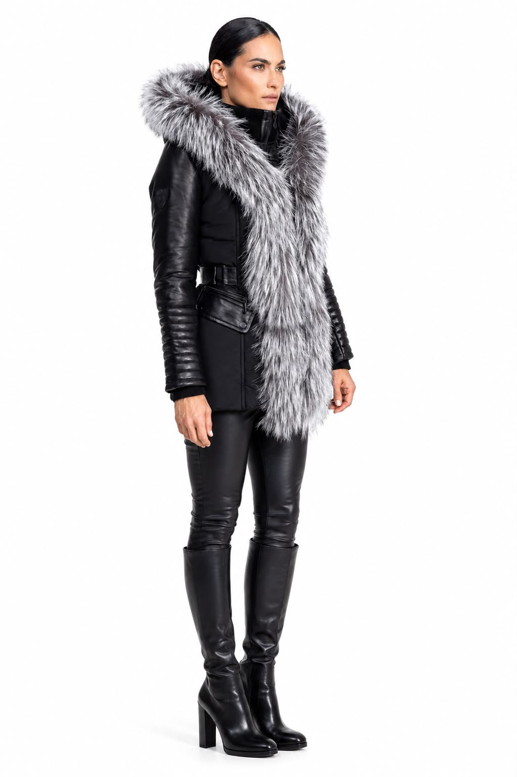 Kim Leather Sleeve Jacket with Silver Fox Fur-thumbmail-2
