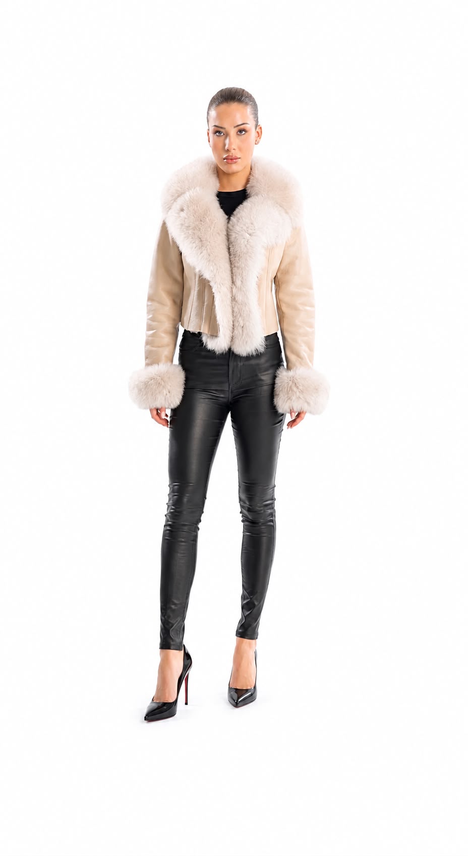 QUINN BEIGE SHEARLING JACKET WITH FOX COLLAR-thumbmail-4