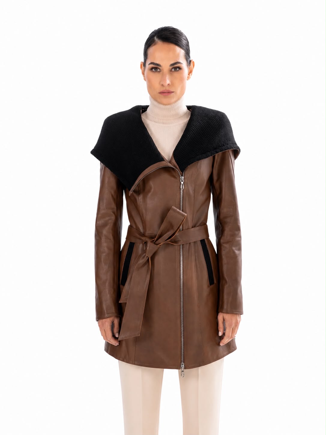 Lucie Leather Trench Coat - Brown