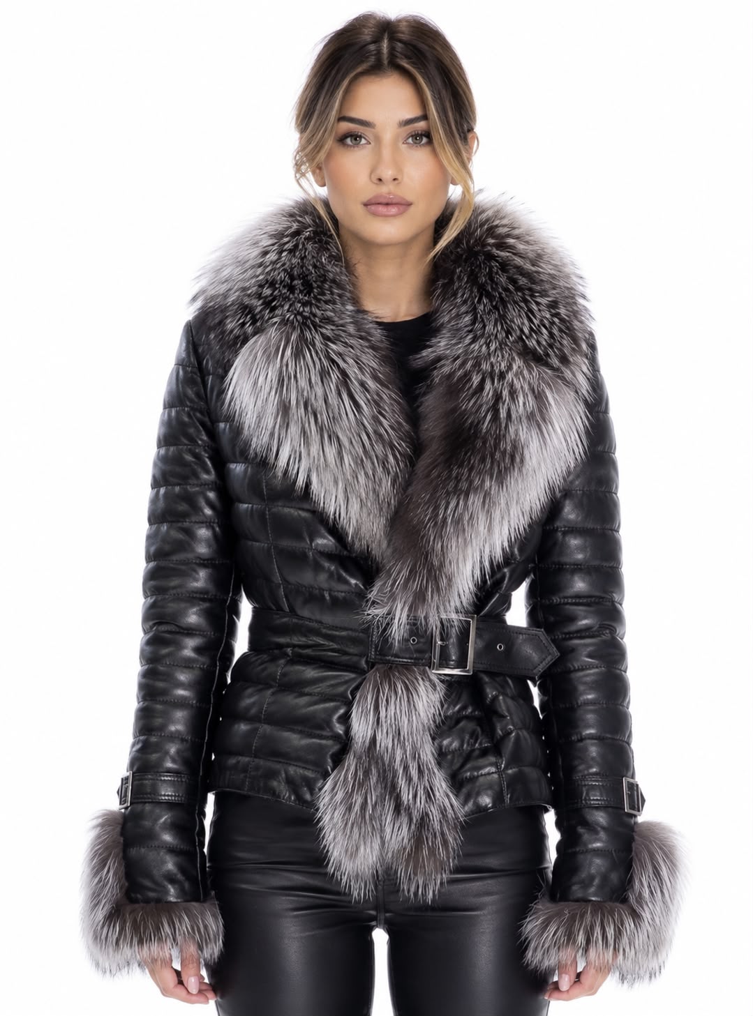 Gianna Women's Leather Coat with Silver Fox Fur