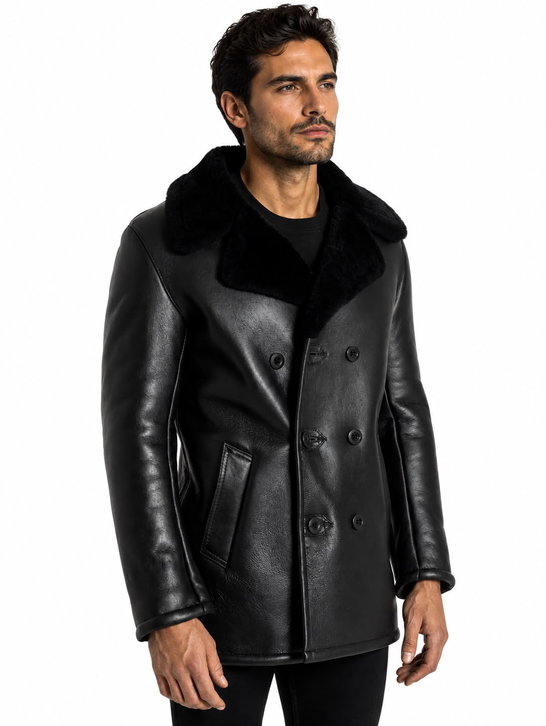 Quincy Men's Genuine Shearling Double-Breasted Coat – Black-thumbmail-3