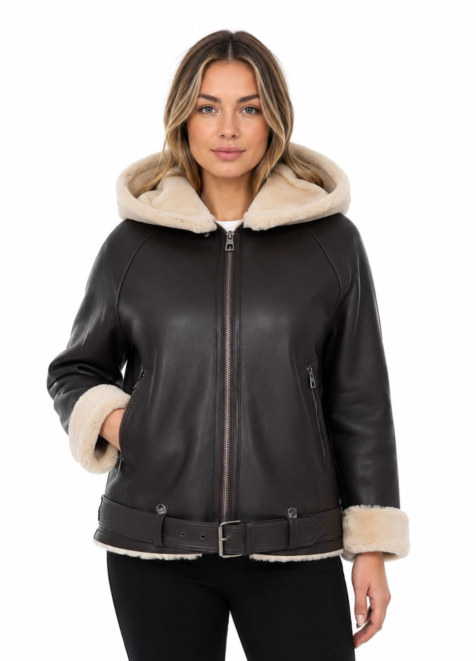 Valentia Shearling Hooded Leather Jacket – Dark Brown with Natural Shearling Trim