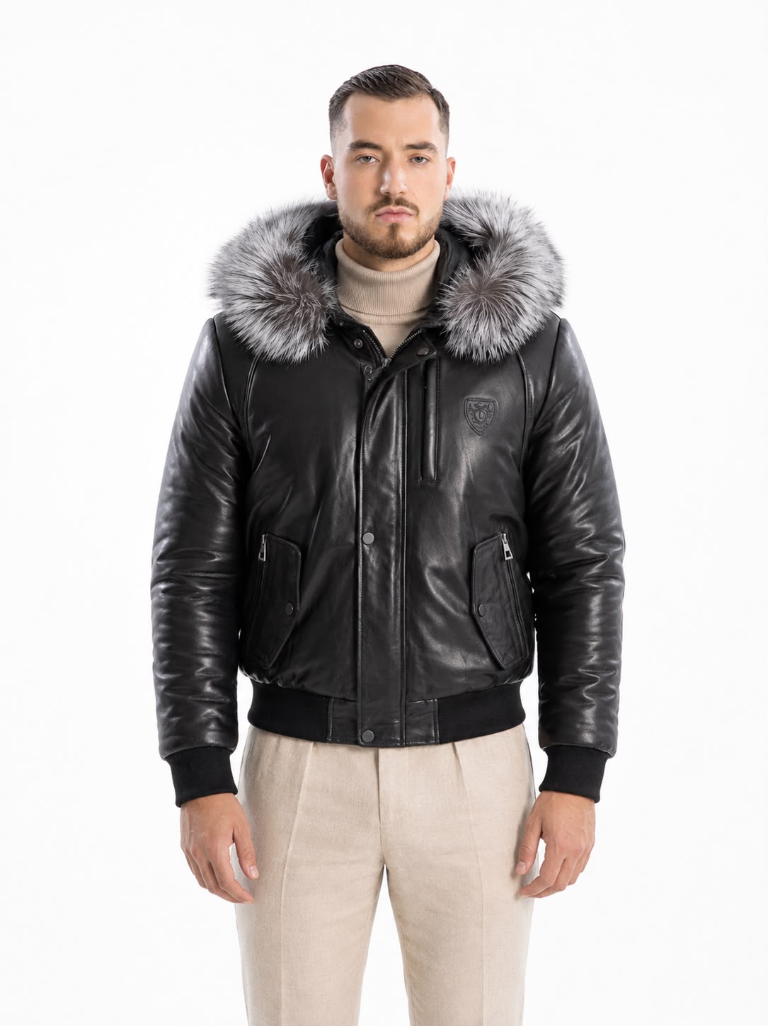 Victor Leather Bomber Jacket With Silver Fox-thumbmail-3