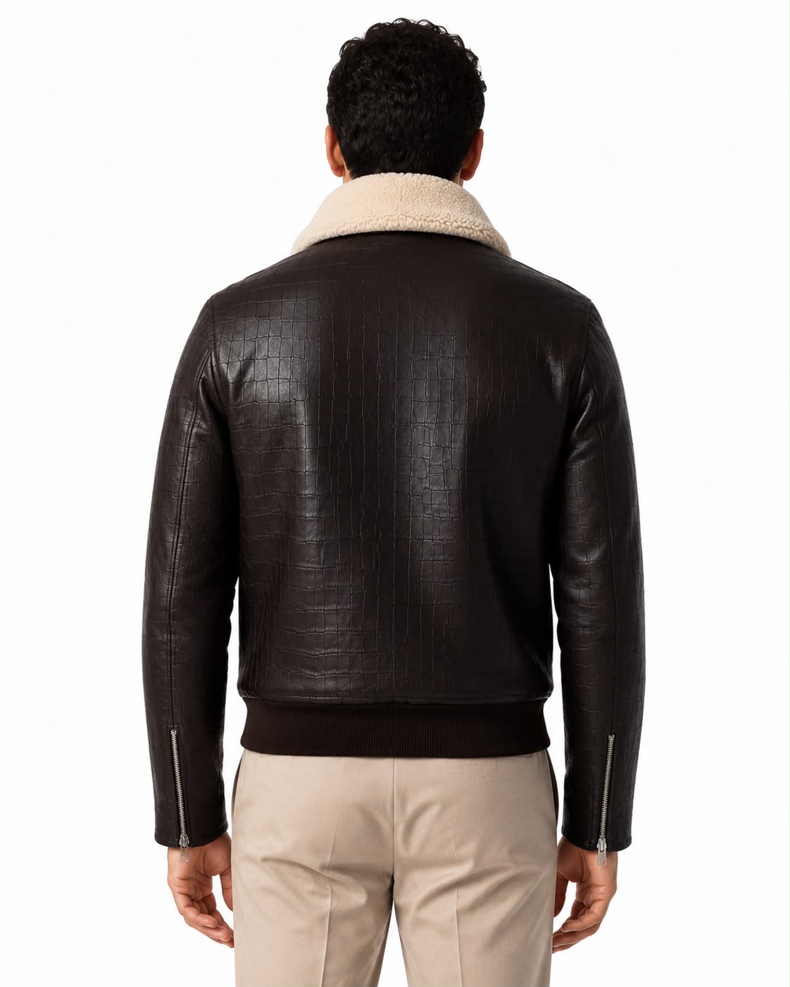 Firenze Croc-Embossed Leather Bomber Jacket with Shearling Collar