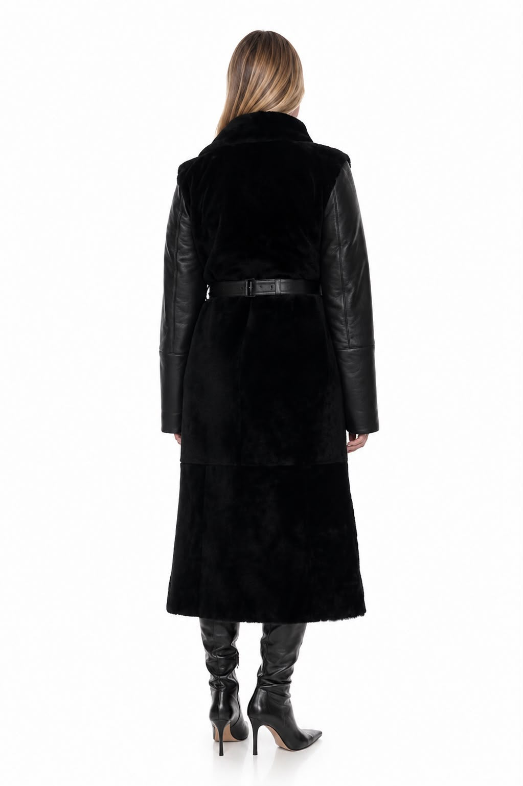 Alicent Genuine Shearling Long Coat  -  Black Leather & Shearling-thumbmail-2