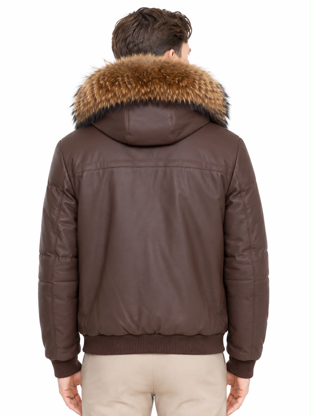LIAM  Bomber Leather Jacket with Removable Hood - Natural Raccoon Fur Trim