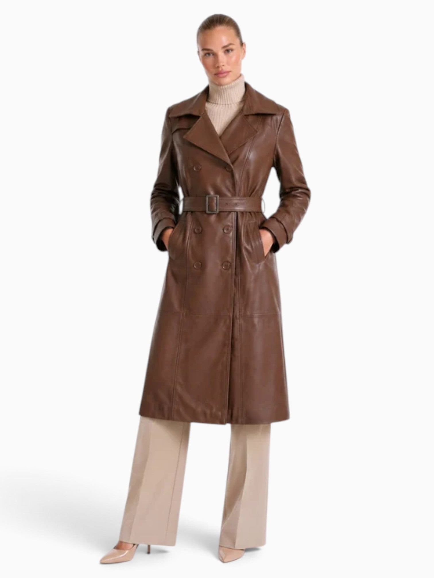 Elara Belted Leather Trench Coat