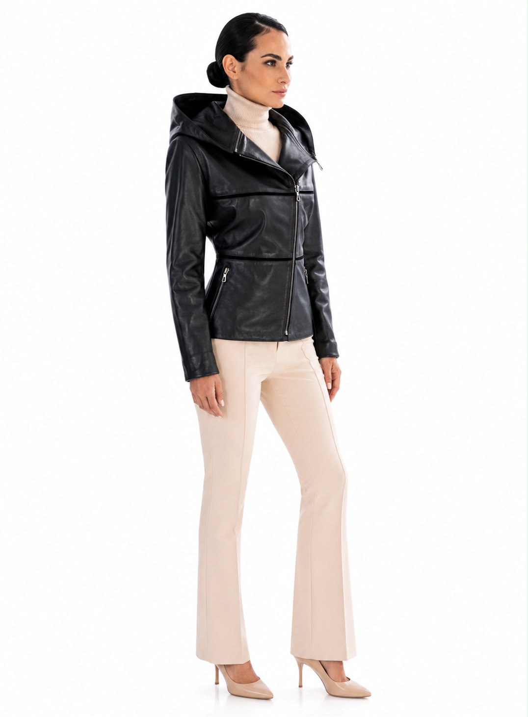 ANGELIQUE Leather Jacket with Removable Hood – 3 Looks in One