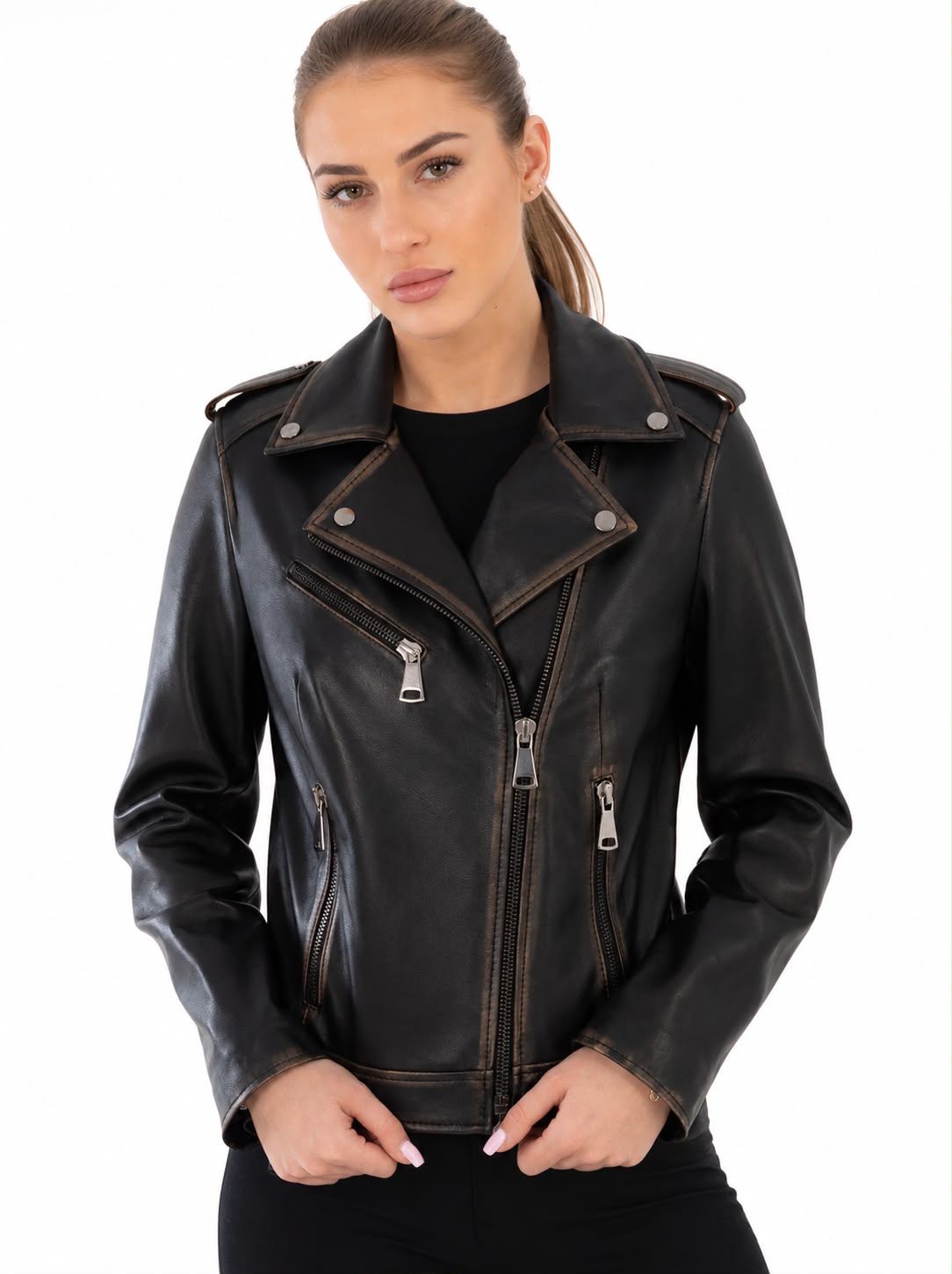Thalia Vintage Leather Jacket with distressed finish