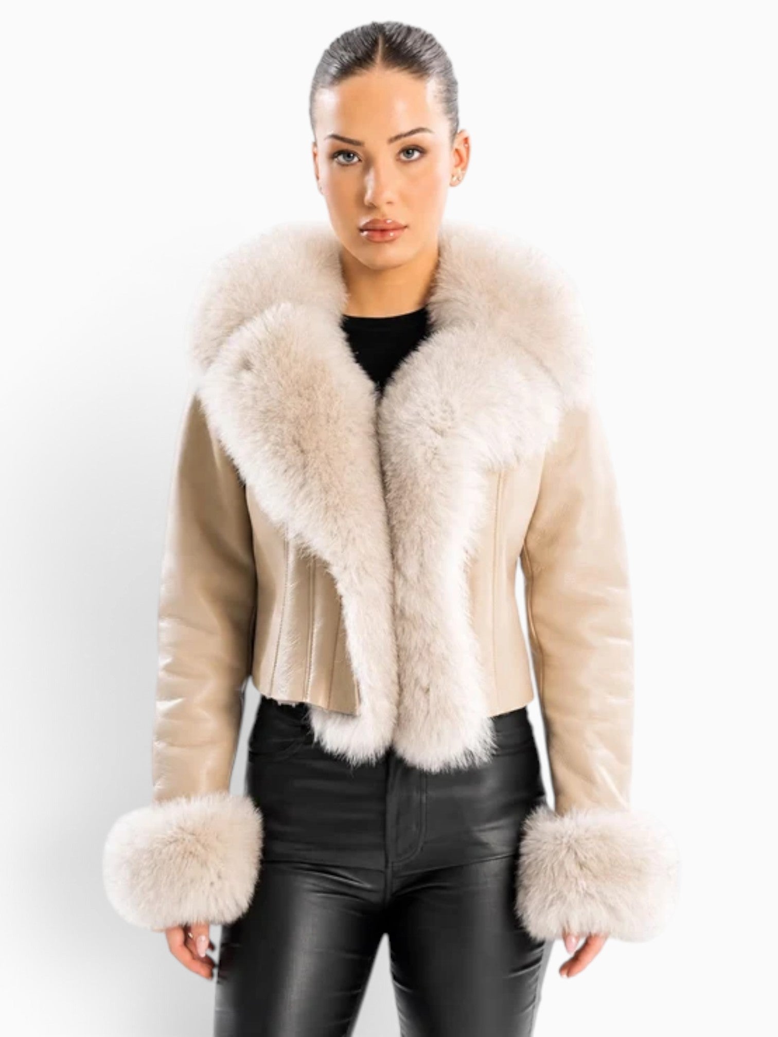 QUINN BEIGE SHEARLING JACKET WITH FOX COLLAR