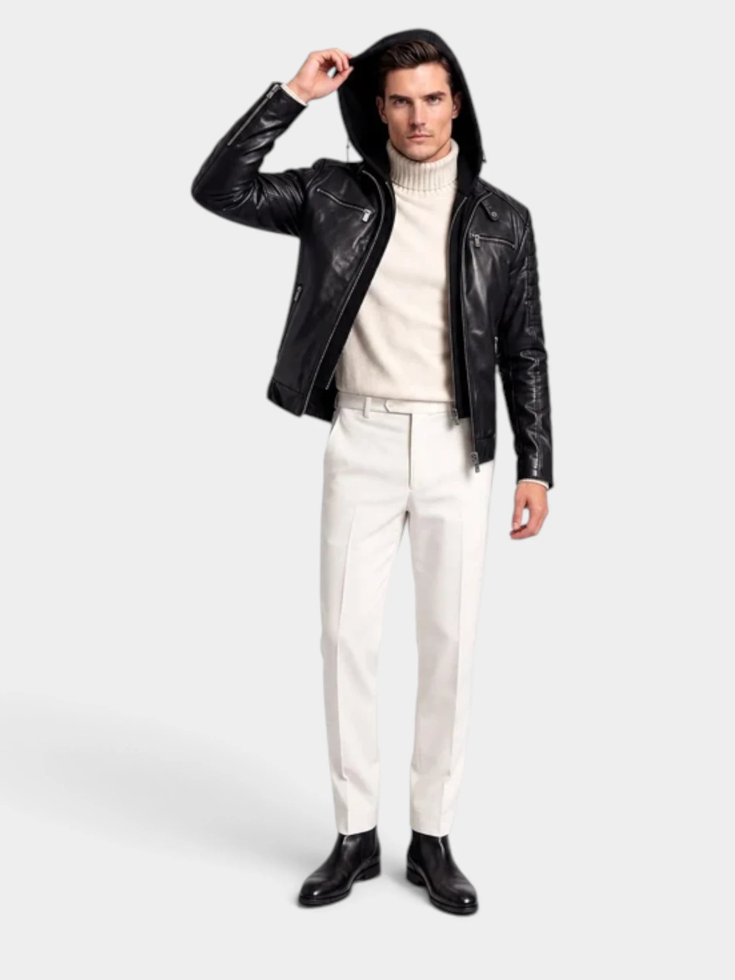 RYDER Men's Genuine Lambskin Leather Jacket with Removable Hood