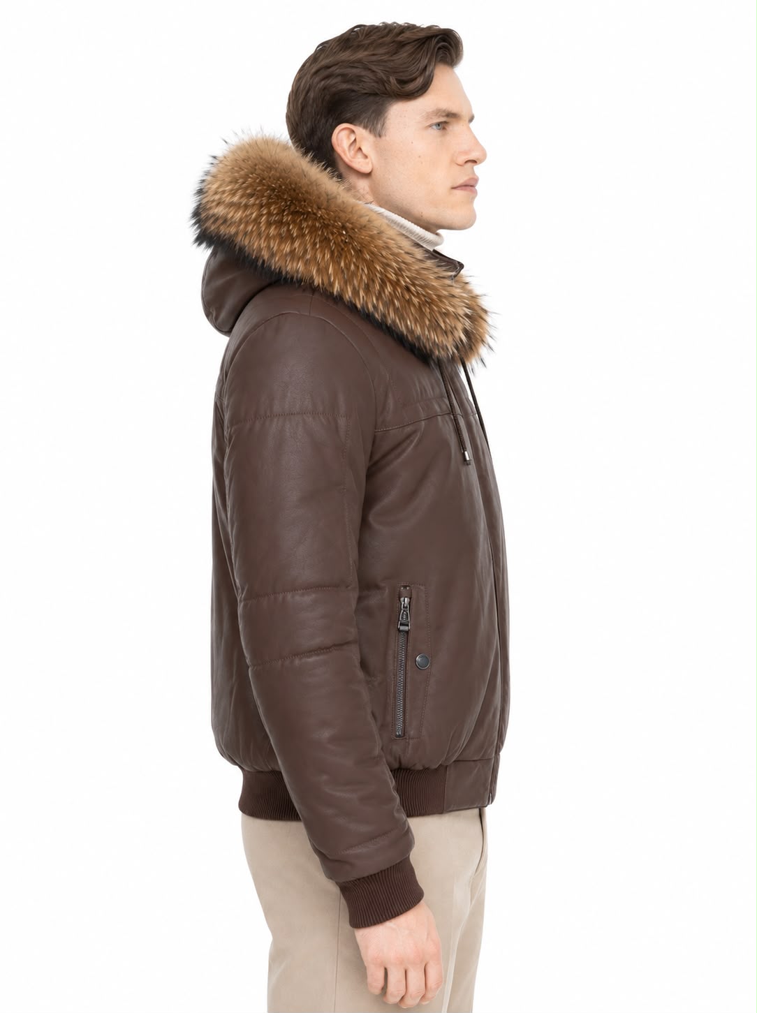 LIAM  Bomber Leather Jacket with Removable Hood - Natural Raccoon Fur Trim-thumbmail-4
