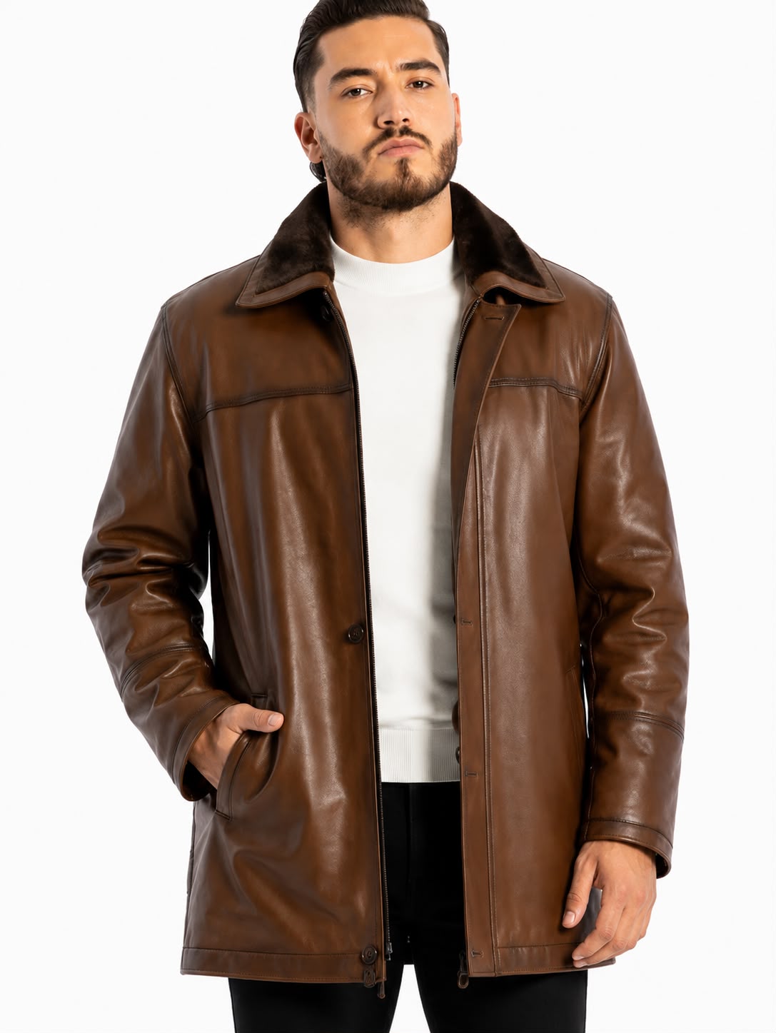 Hudson Premium Lambskin Leather Jacket with Removable Lining & Fur Collar