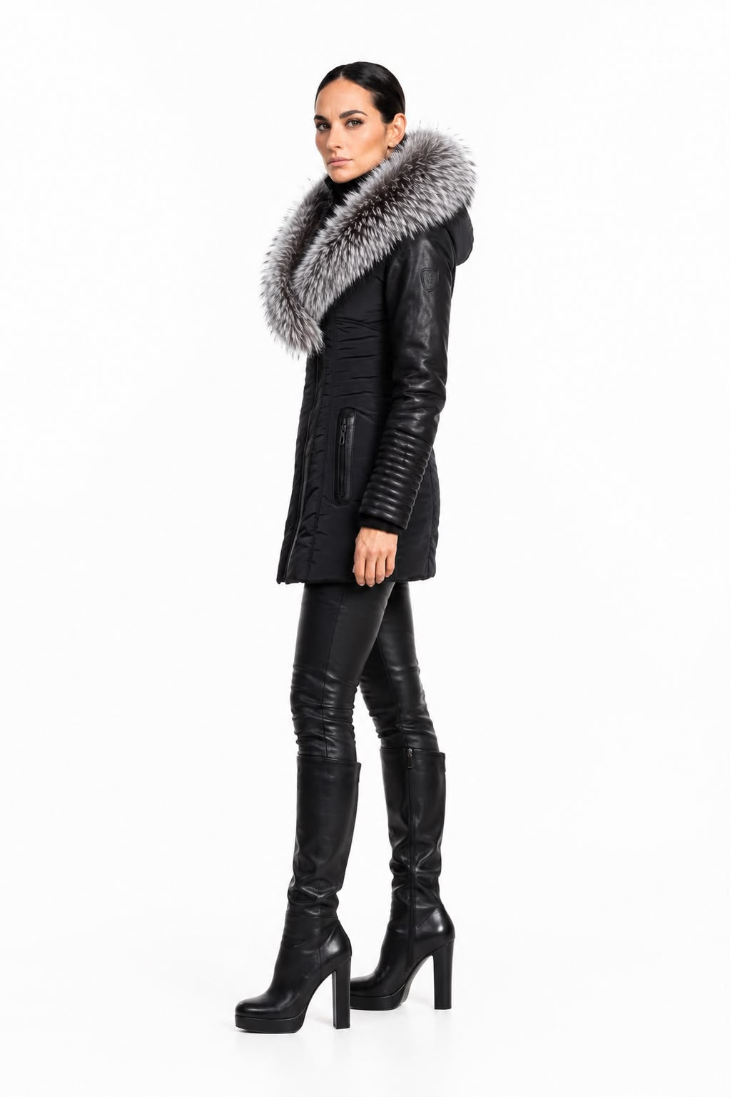 Melania - Silver Fox Puffer Jacket With Leather Sleeves-thumbmail-3