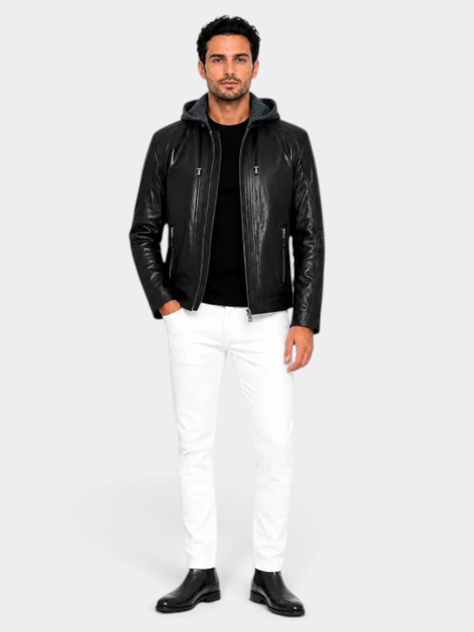 Andrew biker Leather Jacket with Removable Hood