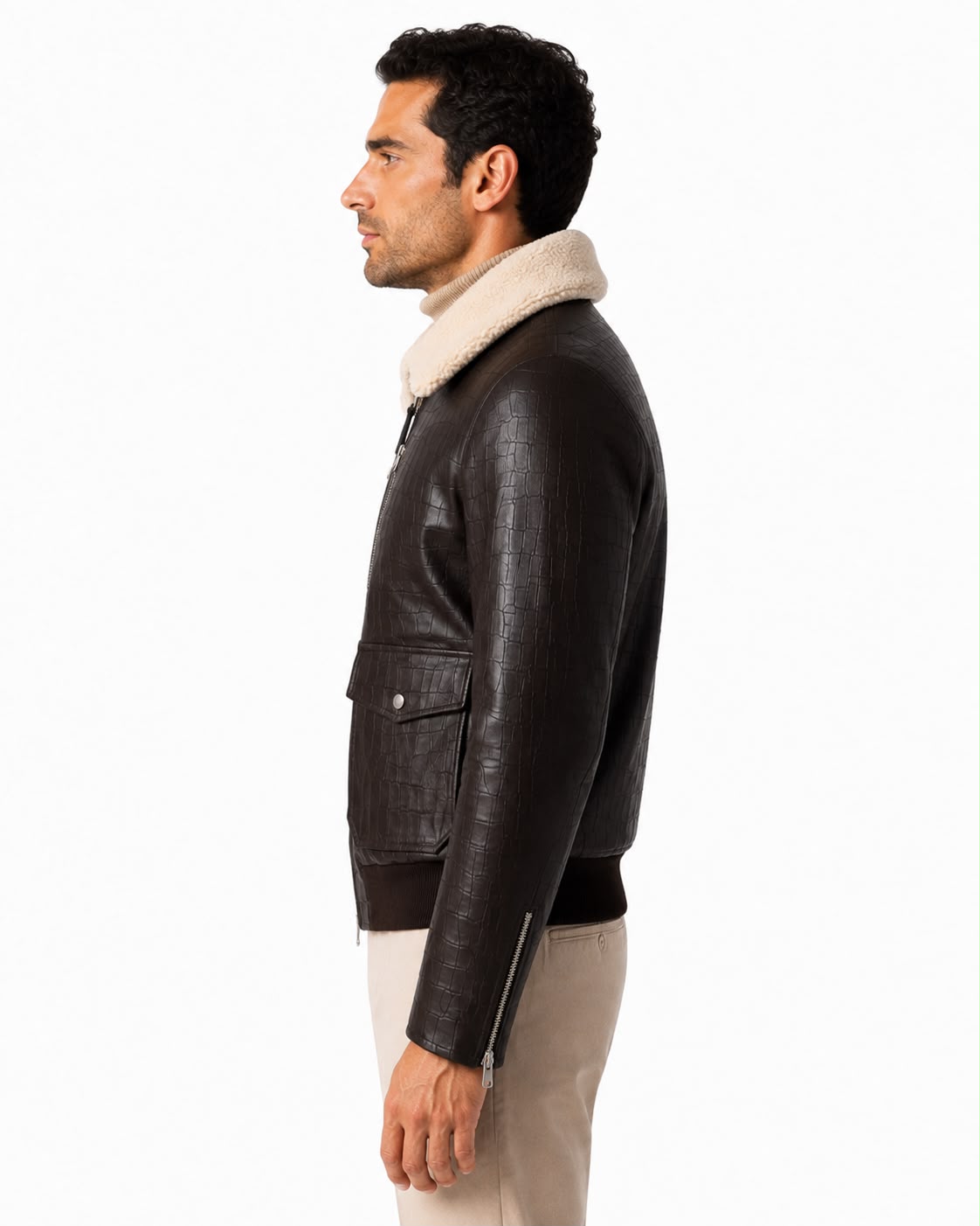 Firenze Croc-Embossed Leather Bomber Jacket with Shearling Collar-thumbmail-3