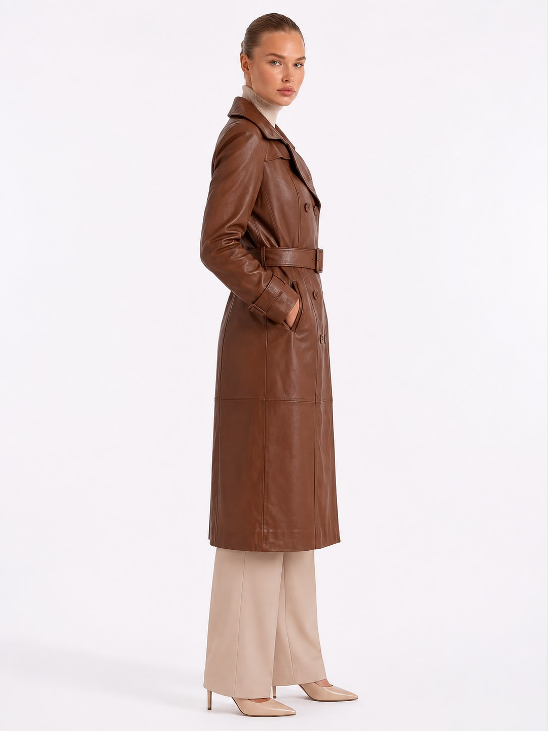 Elara Belted Leather Trench Coat