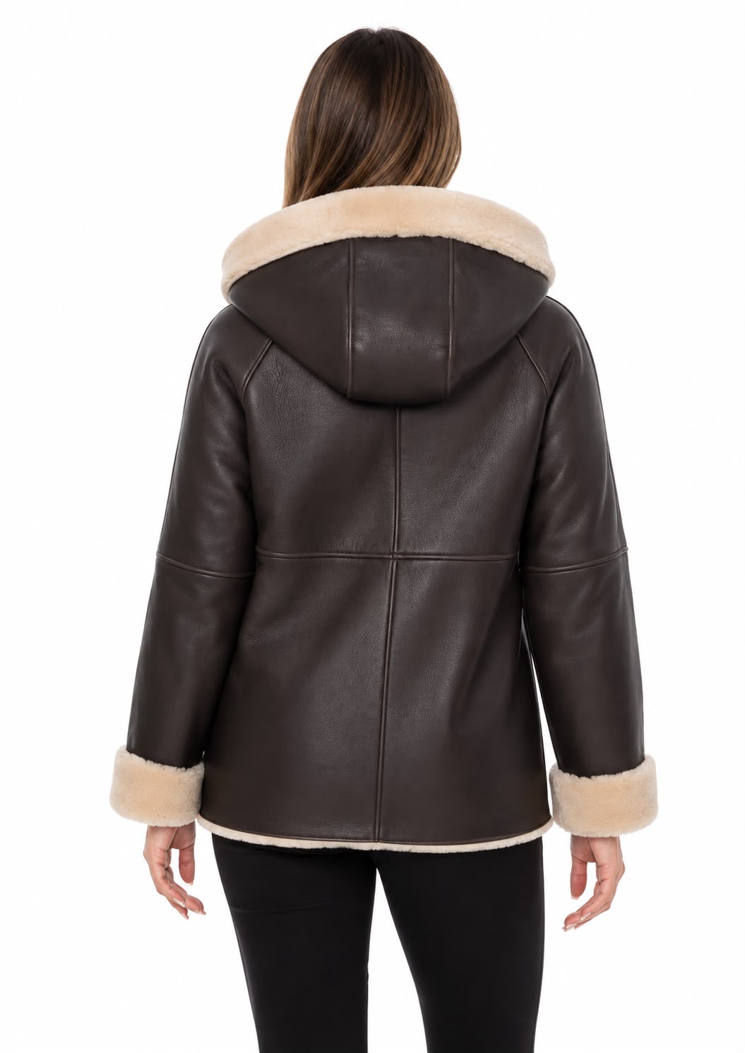 Valentia Shearling Hooded Leather Jacket – Dark Brown with Natural Shearling Trim