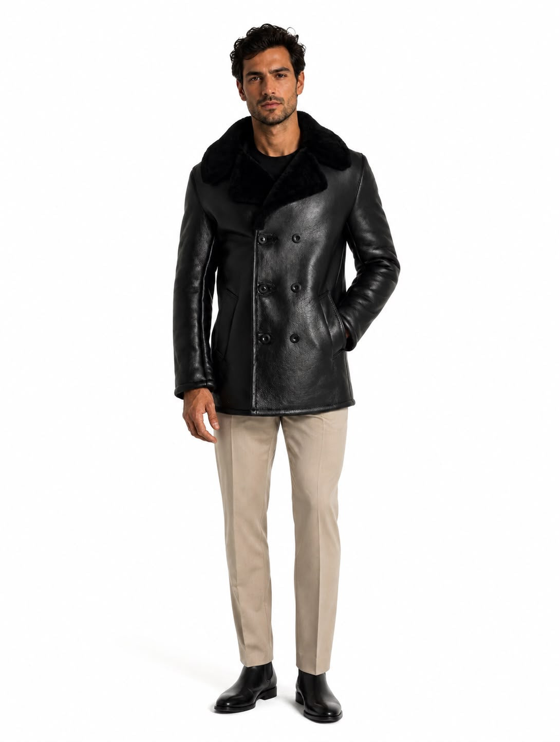 Quincy Men's Genuine Shearling Double-Breasted Coat – Black-thumbmail-4