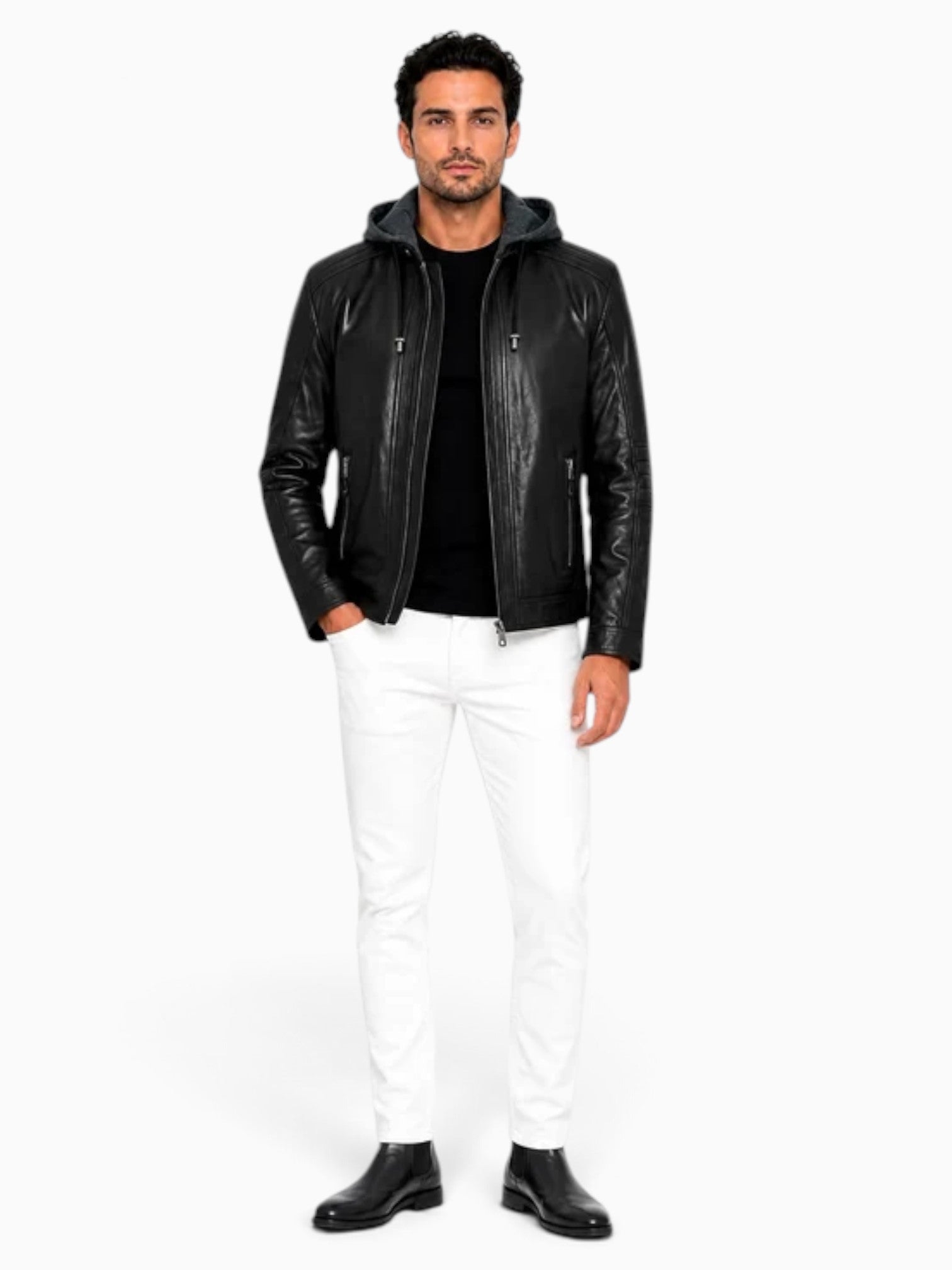 Andrew biker Leather Jacket with Removable Hood