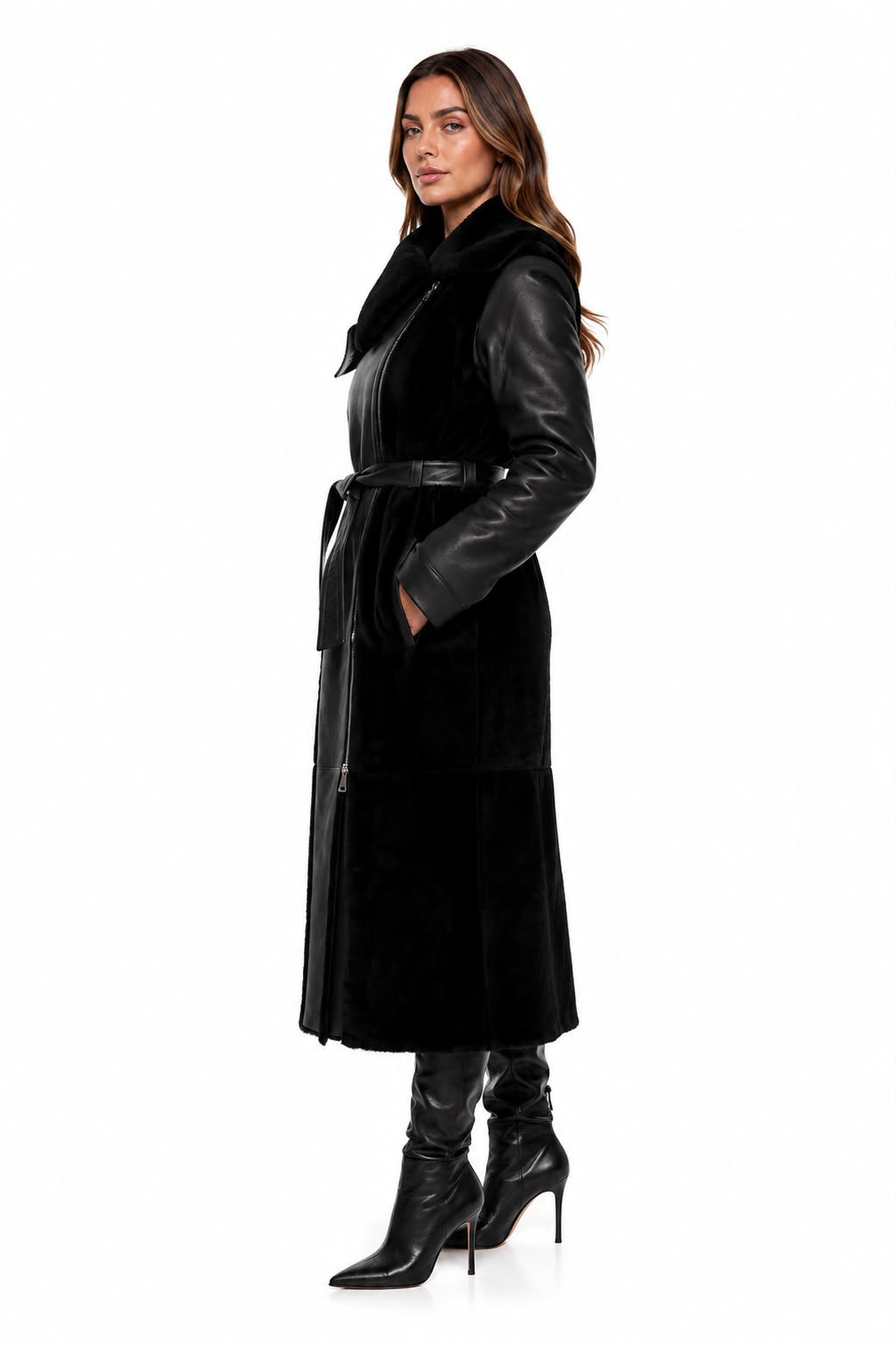 Alicent Genuine Shearling Long Coat  -  Black Leather & Shearling-thumbmail-3
