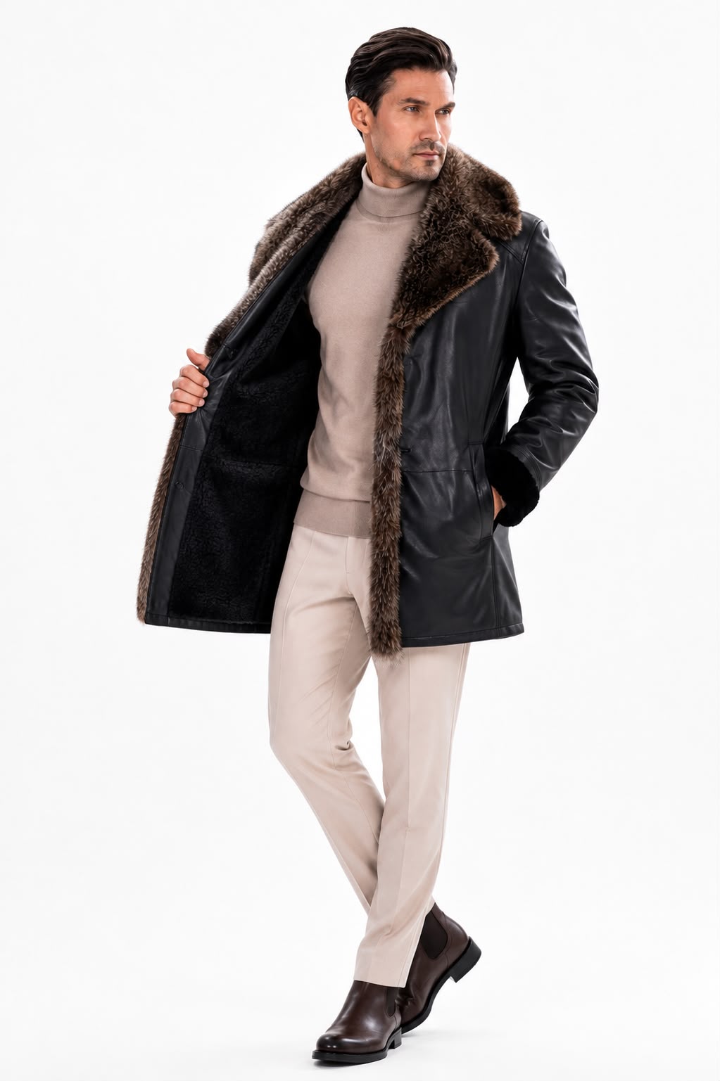 BRAD MEN'S  Genuine SHEARLING  JACKET with FOX FUR-thumbmail-3