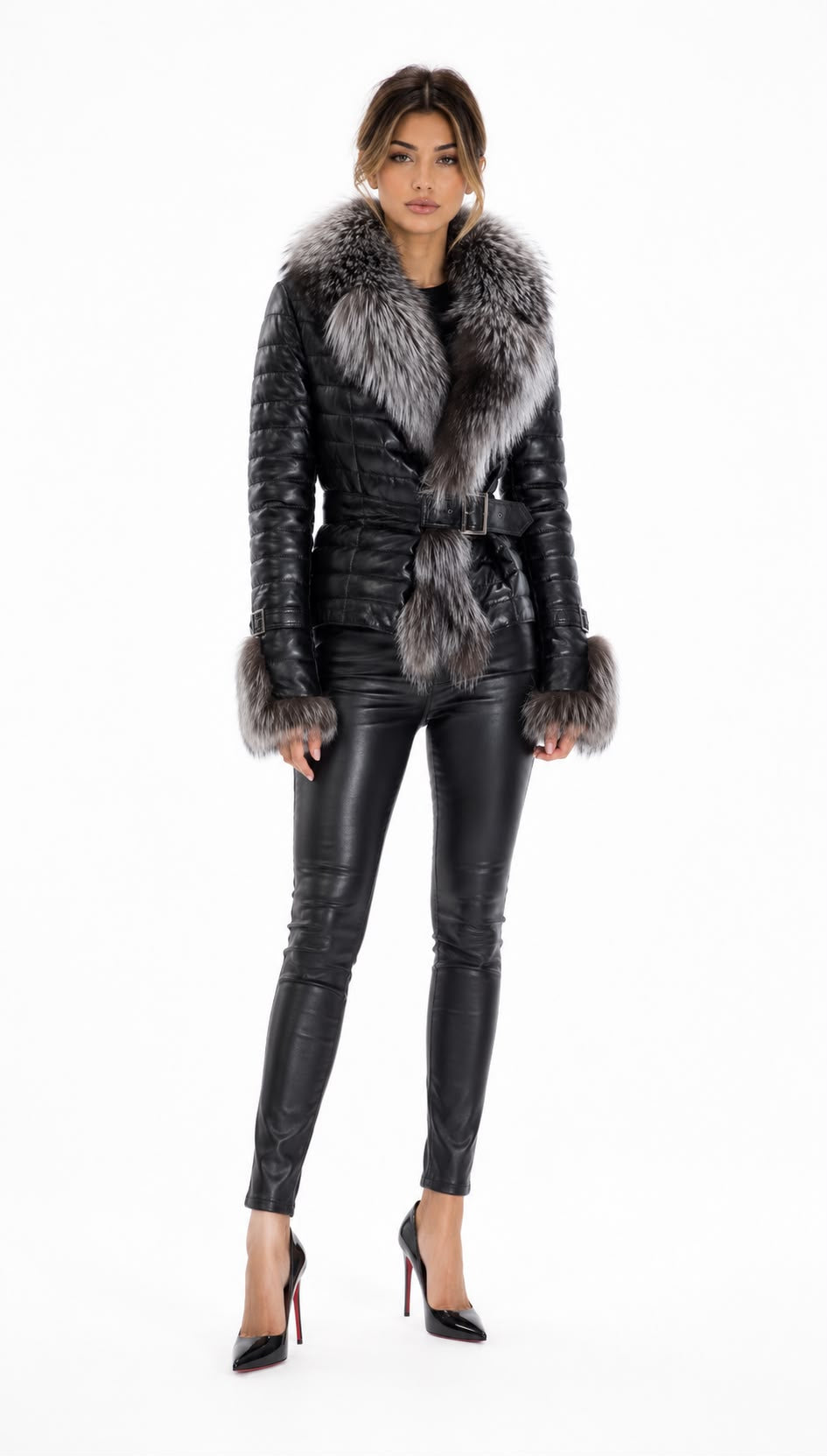 Gianna Women's Leather Coat with Silver Fox Fur-thumbmail-4