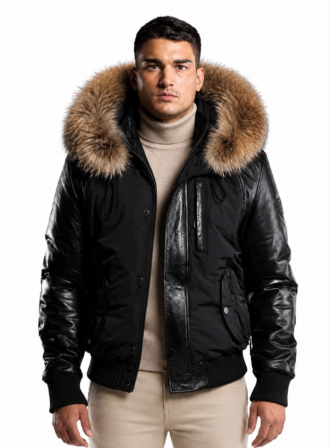 Victor Men's Winter Jacket Leather Sleeves With Natural Fur-thumbmail-3