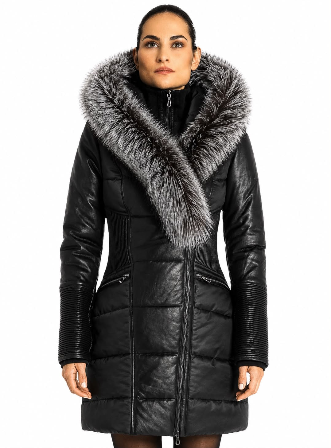 Kylie Leather & Silver Fox Fur Winter Coat-thumbmail-2