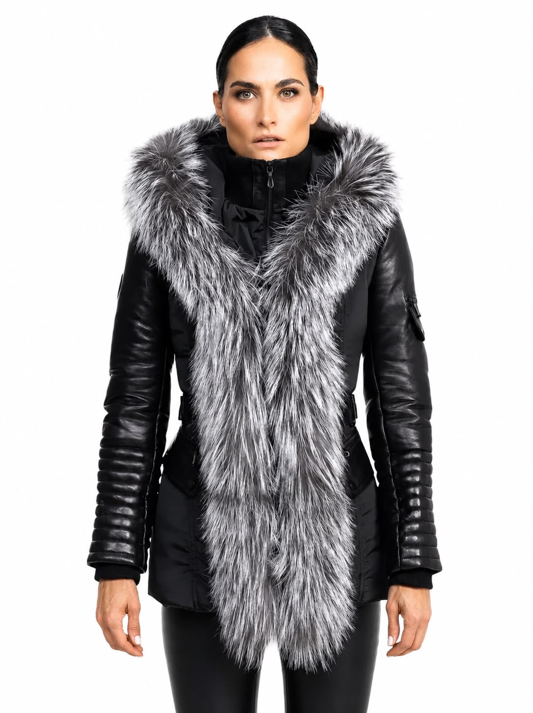 Kim Leather Sleeve Jacket with Silver Fox Fur