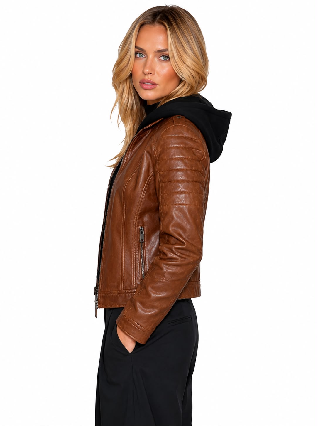REBECCA BIKER Leather Jacket with Removable Hoodie-thumbmail-4