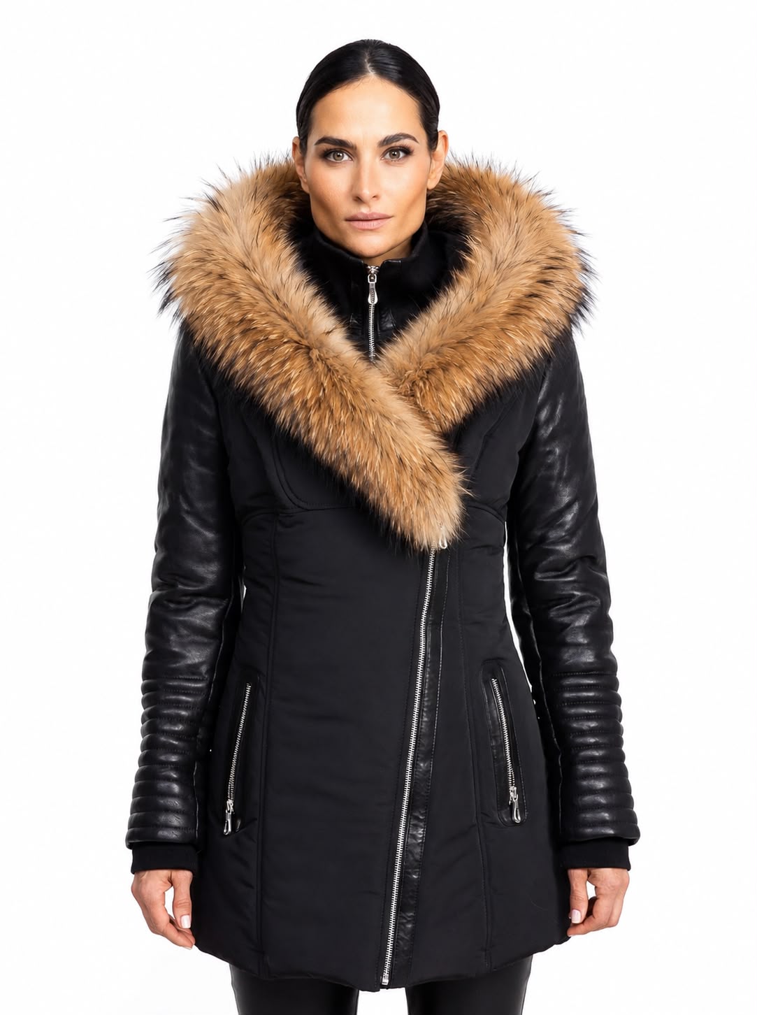 Melania - Natural Fur Down Puffer with Leather Sleeves