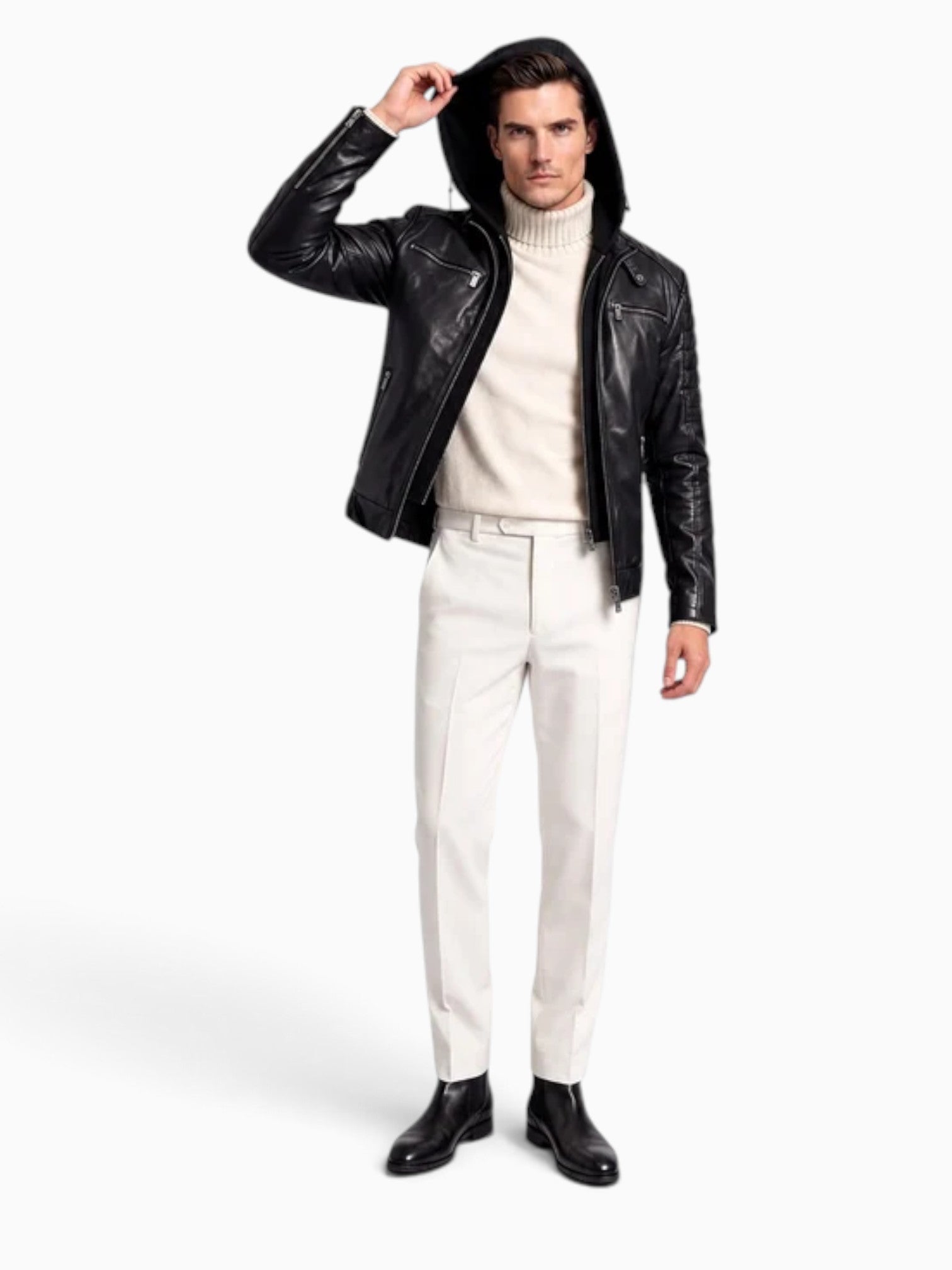 RYDER Men's Genuine Lambskin Leather Jacket with Removable Hood