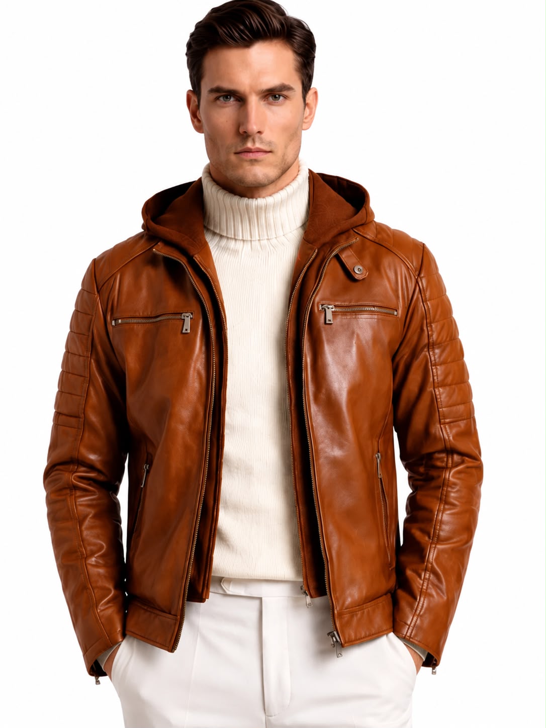 RYDER Men's Genuine Lambskin Leather Jacket with Removable Hood