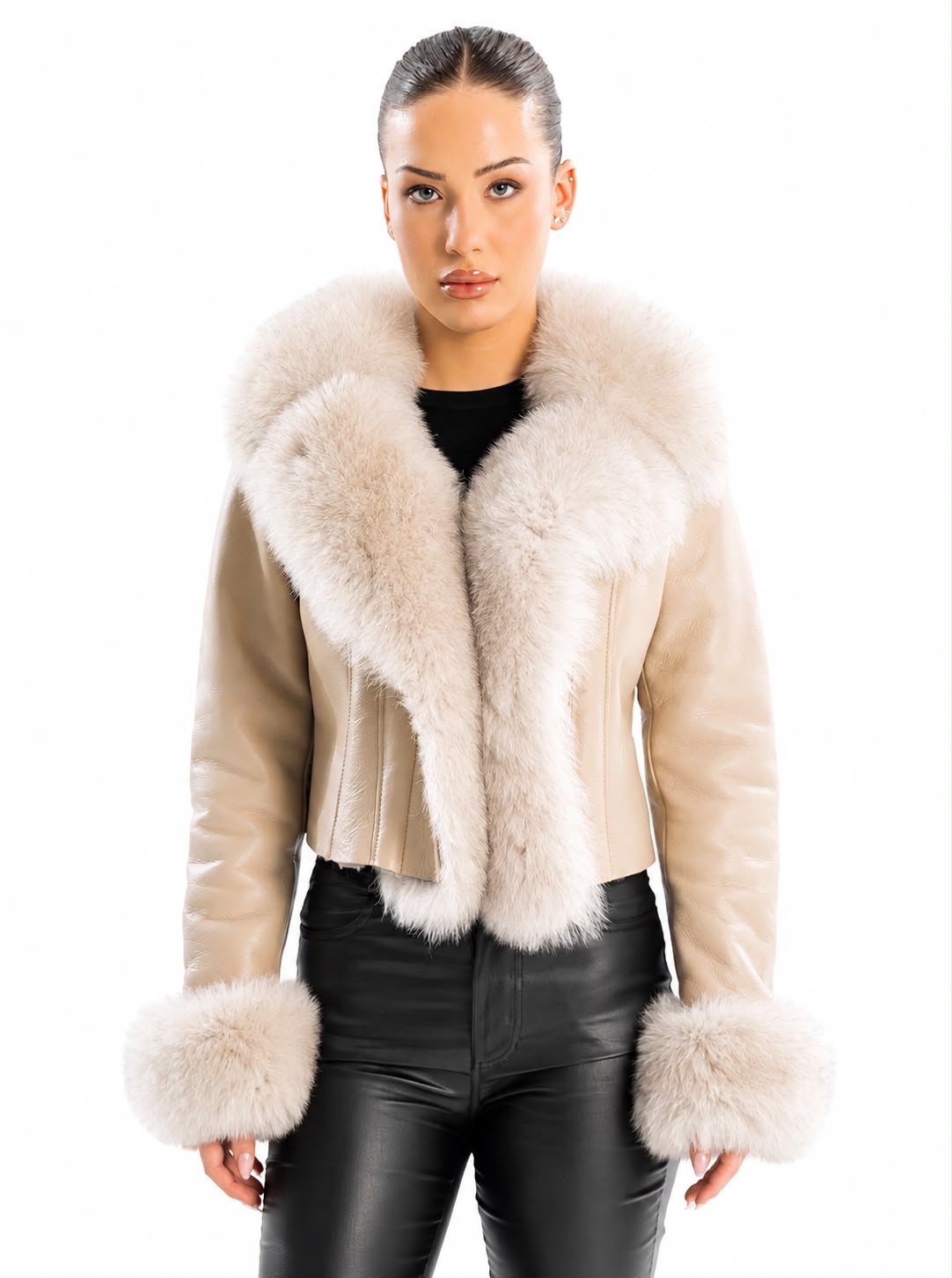 QUINN BEIGE SHEARLING JACKET WITH FOX COLLAR