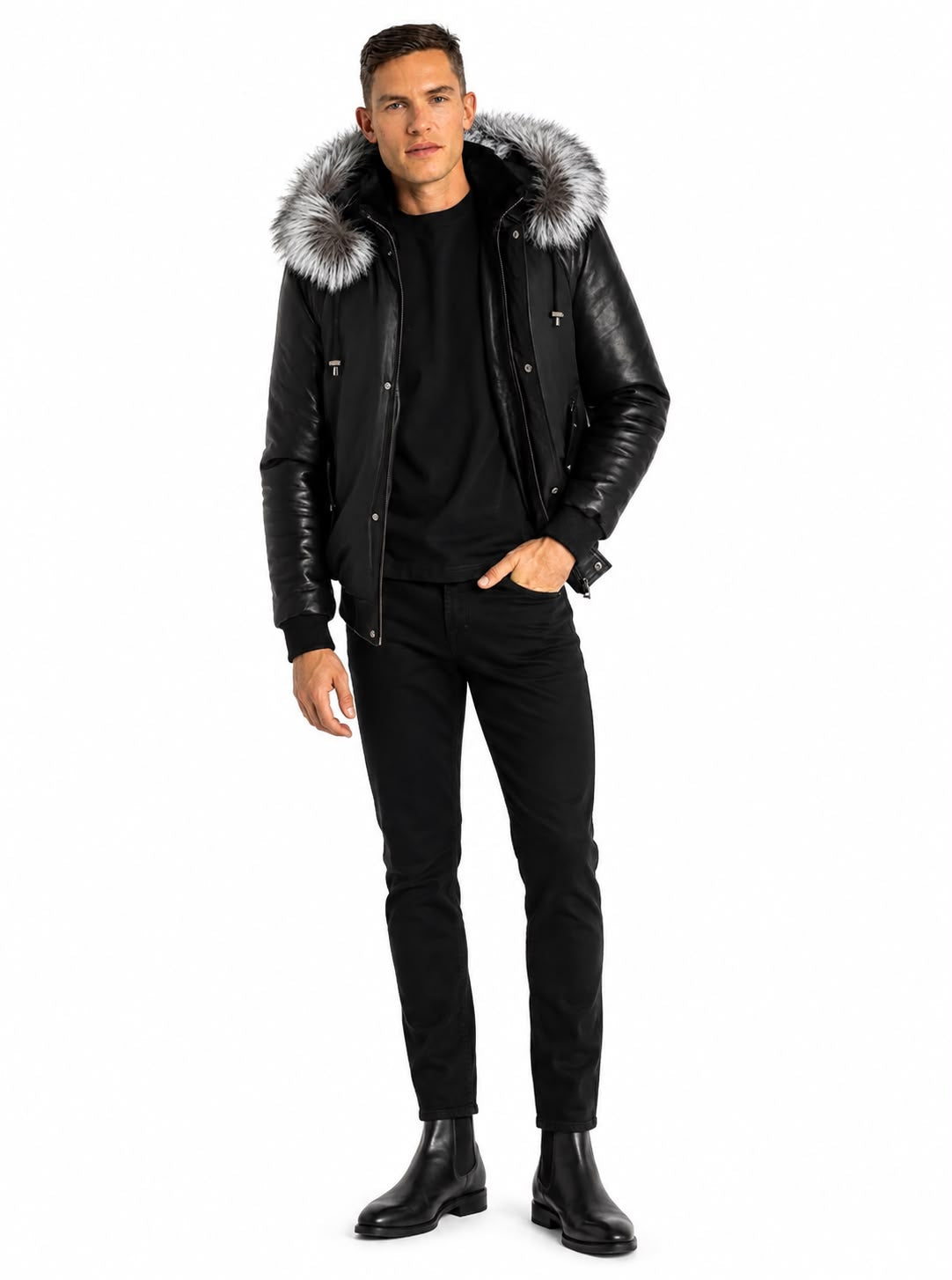 Victor Men's Winter Jacket Leather Sleeves With Silver Fox-thumbmail-1